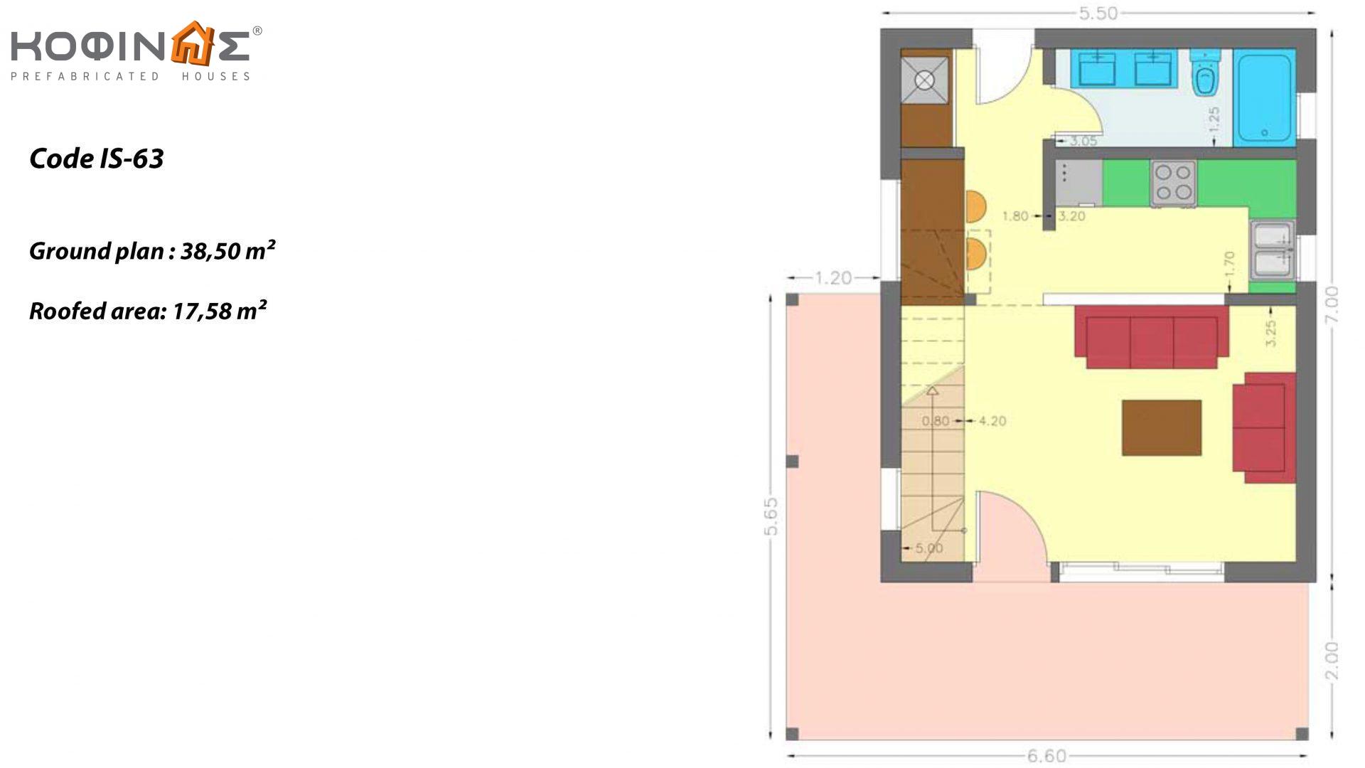 1-story house with attic IS-63, total surface of 63,65 τ.μ. ,covered roofed areas 17,58 m²