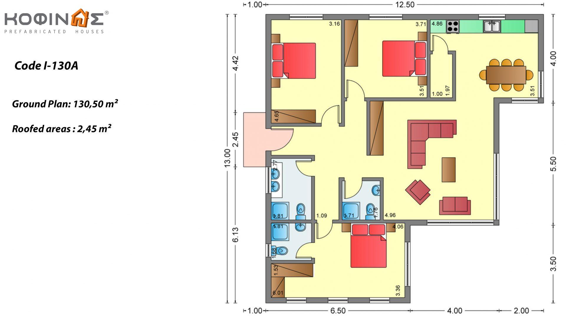 1-story house Ι-130Α, total surface of 130,50 m², covered roofed areas 2,45 m²