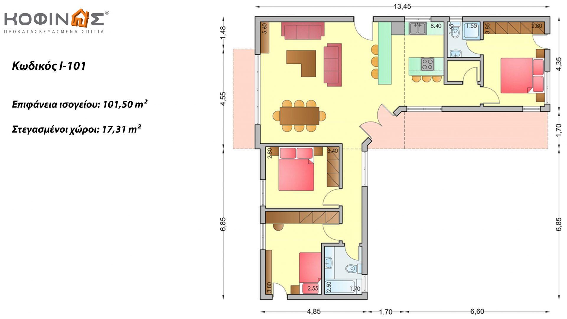 Ισόγεια Κατοικία I-101α συνολικής επιφάνειας 101,50 τ.μ., στεγασμένοι χώροι 17,31 τ.μ