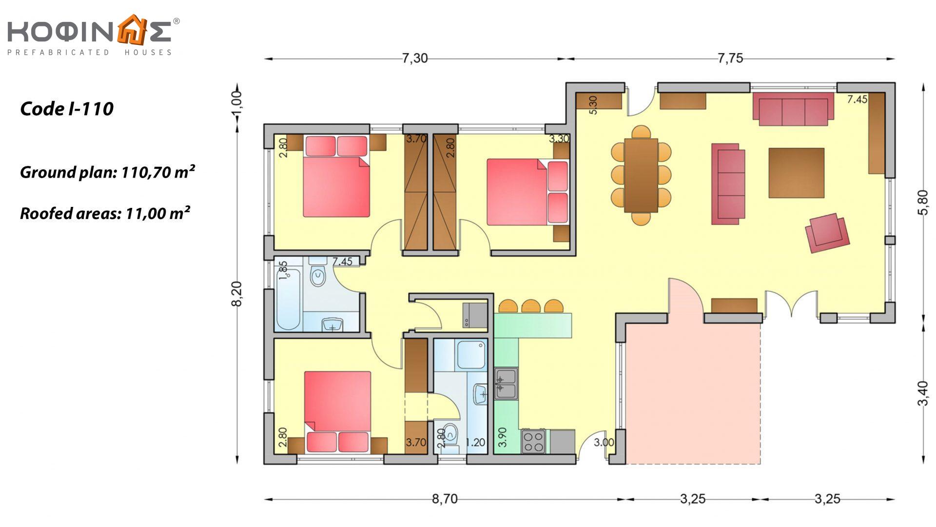 Single-storey House I-110 of total surface of 110,70 m², covered spaces 11,00 m²