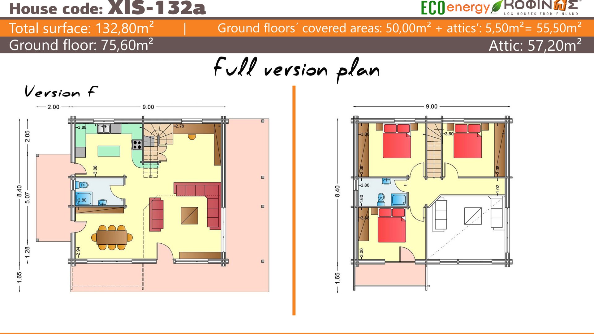 1-story with attic log house XIS-132a, total surface of 132,80 m²