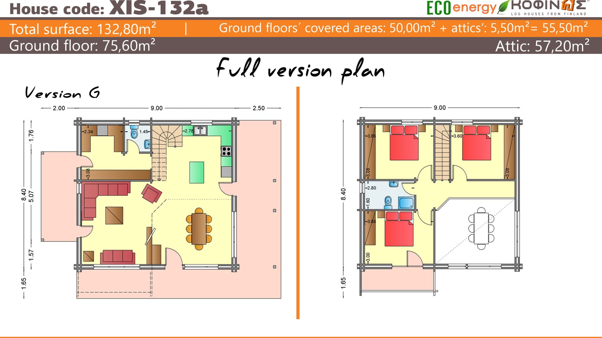 1-story with attic log house XIS-132a, total surface of 132,80 m²