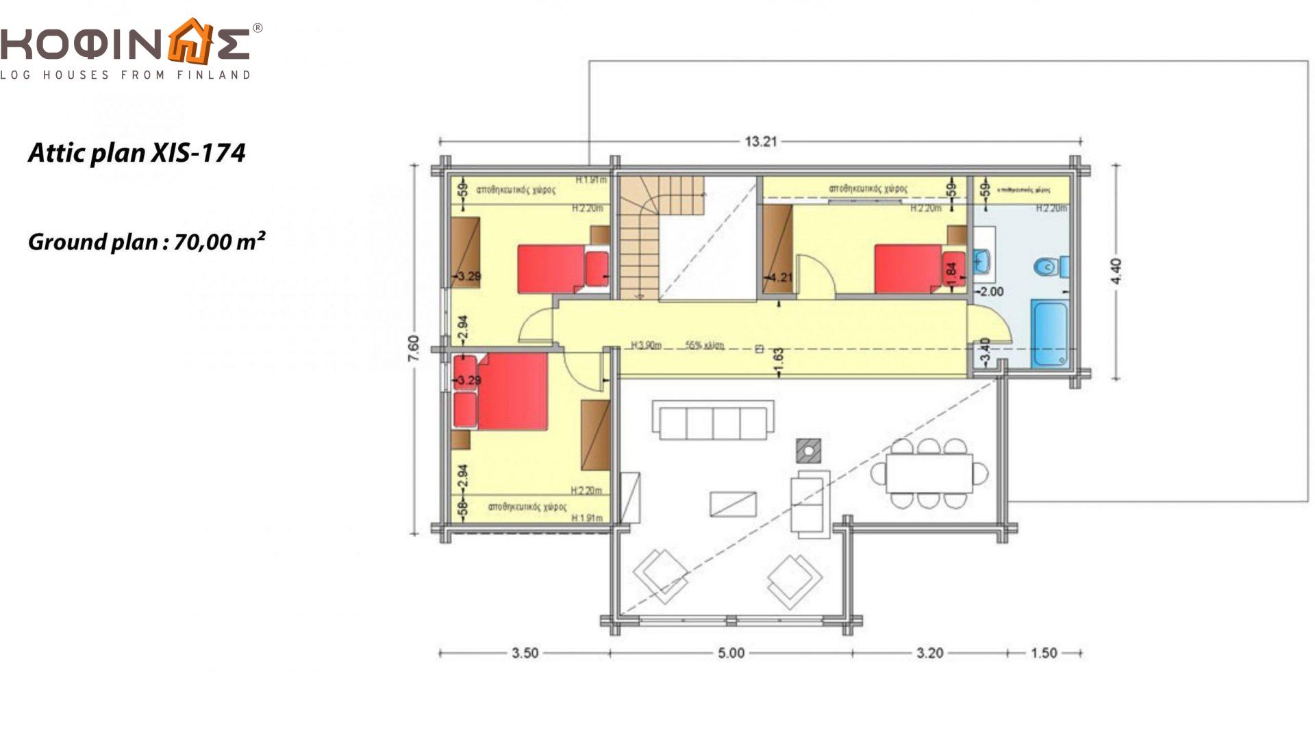 1-story with attic log house XD-174, total surface of 174,20 m²