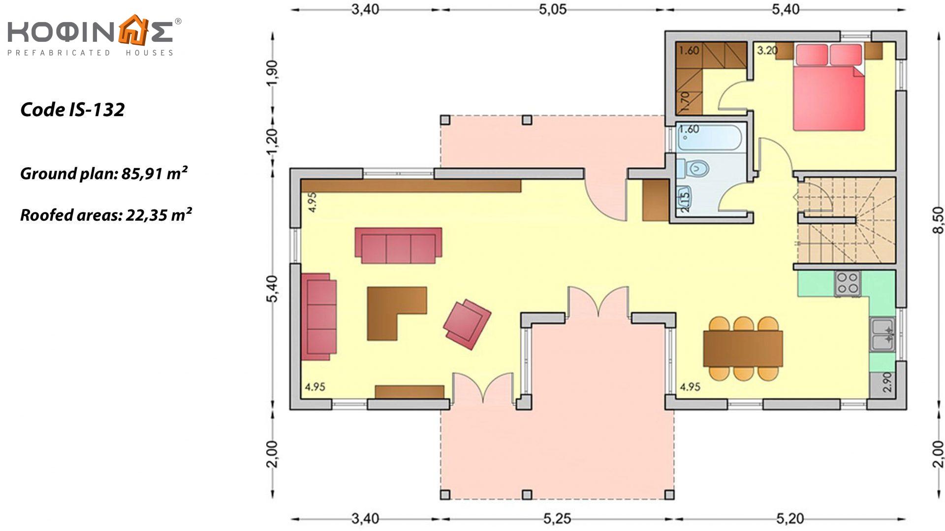 1-story house with attic IS-132, total surface of 132,00 m²,covered roofed areas 22,35 m², Attic’s balcony 39.81 m²