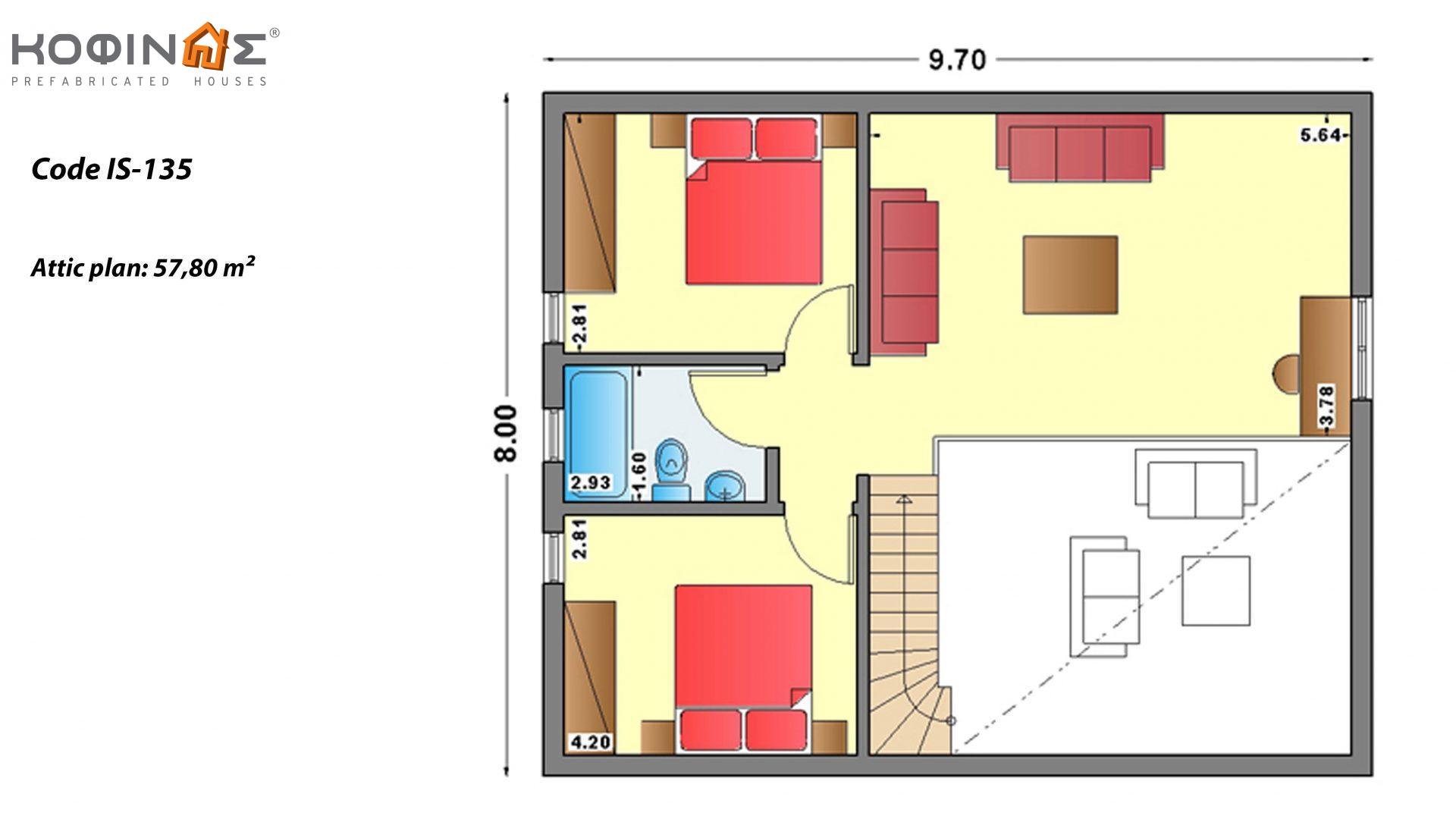 1-story house with attic IS-135, total surface of 135,40 m² ,covered roofed areas 31,00 m²