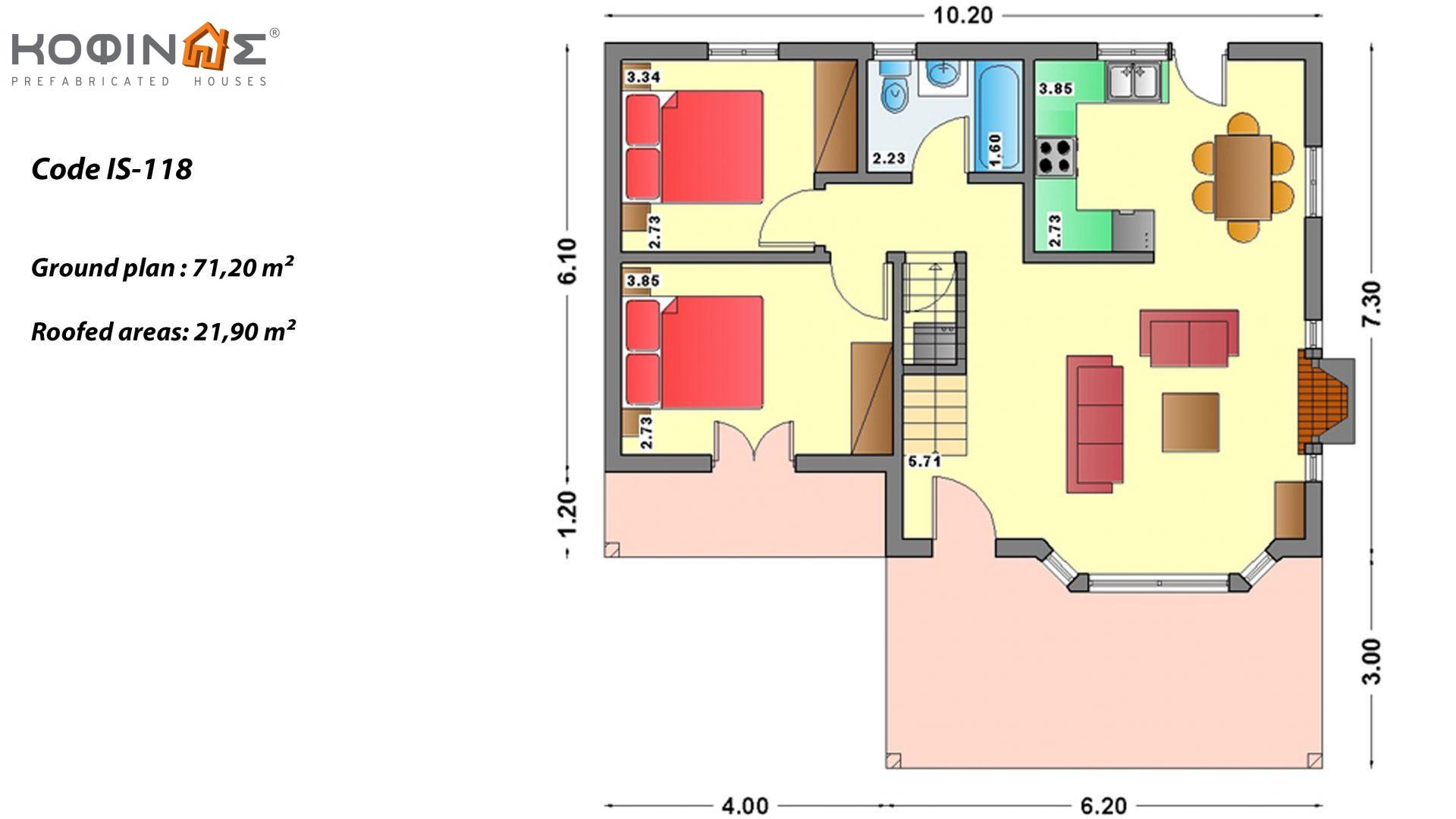 1-story house with attic IS-118, total surface of 118,20 m² ,covered roofed areas 21,90 m²