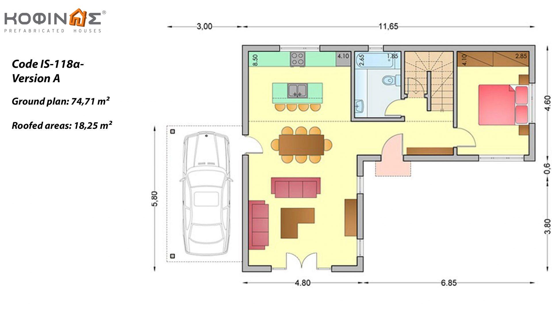 One-storey house with attic IS-118a, total surface area 118,22 m², total surface area of covered spaces 18,25 m².