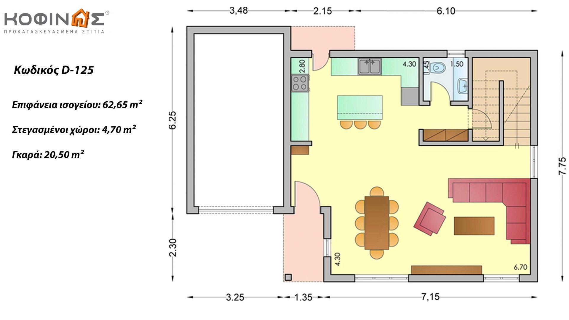 Διώροφη Κατοικία D-125, συνολικής επιφάνειας 125,30 τ.μ., +Γκαράζ 20.50 m²(=145.80 m²),συνολική επιφάνεια στεγασμένων χώρων 4.70 τ.μ., μπαλκόνια 20.50 τ.μ.