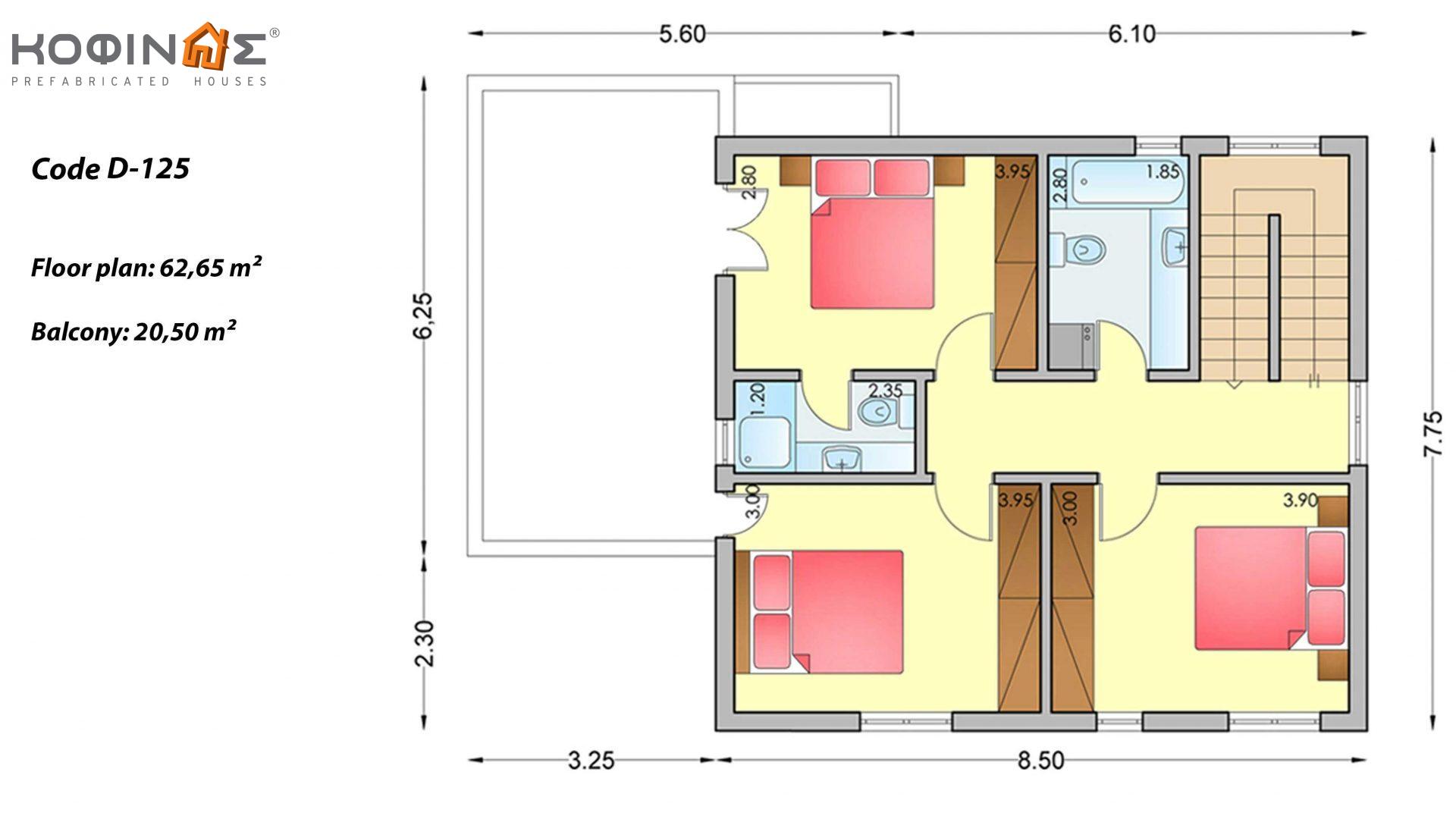2-story house D-125, total surface of 125.30 m², +Garage 20.50 m²(=145.80 m²),covered roofed areas 4.70 m²,balconies 20.50 m²
