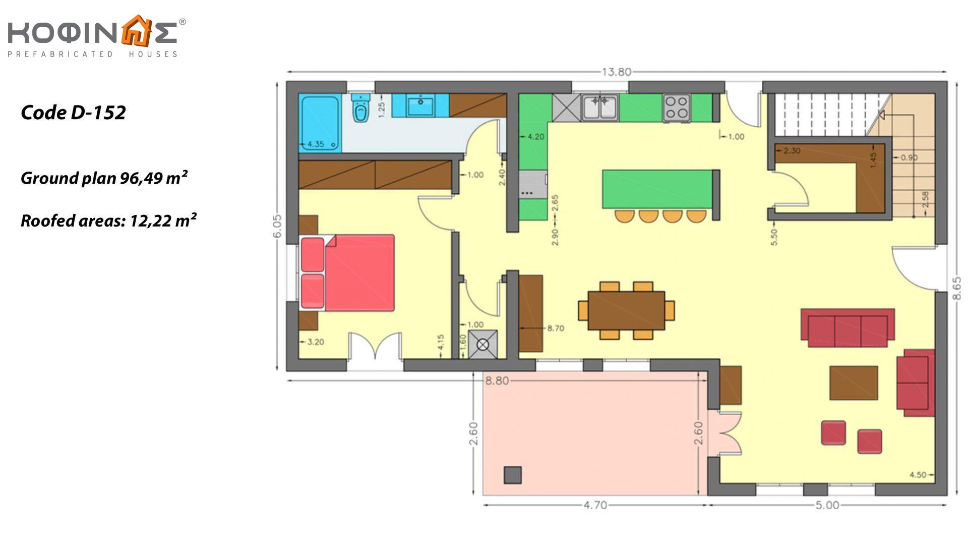 2-story house D-152, total surface of 152,15 m²,covered roofed areas 12.22 m²,balconies 40.83 m²