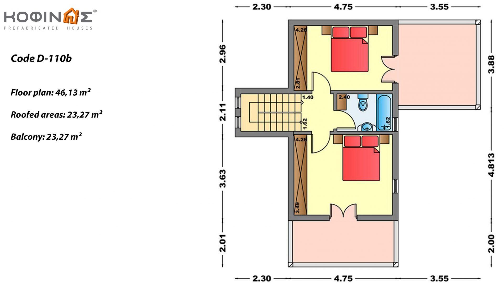 2-story house D-110b, total surface of 110,72 m²,covered roofed areas 42,57 m²,balconies 23,27 m²