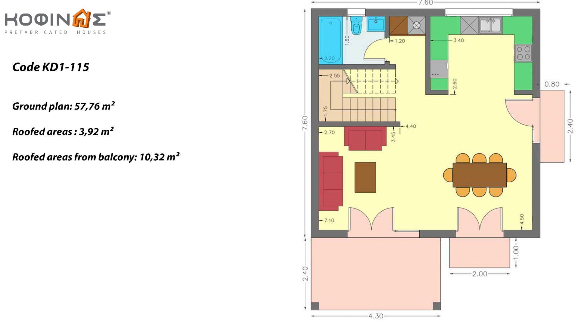 2-story house KD1-115, total surface of 115,52 m² ,covered roofed areas 24.56 m²,balconies 10.32 m²