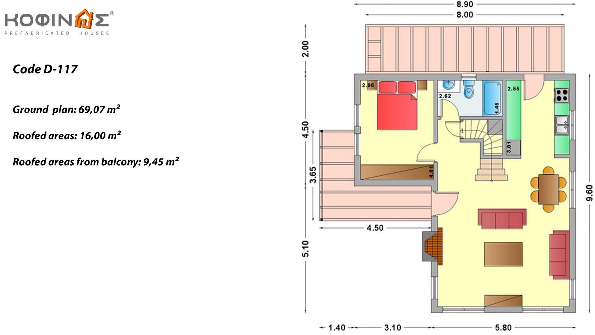 2-story house D-117, total surface of 117,20 m²,covered roofed areas 25,45 m²,balconies 9,38 m²