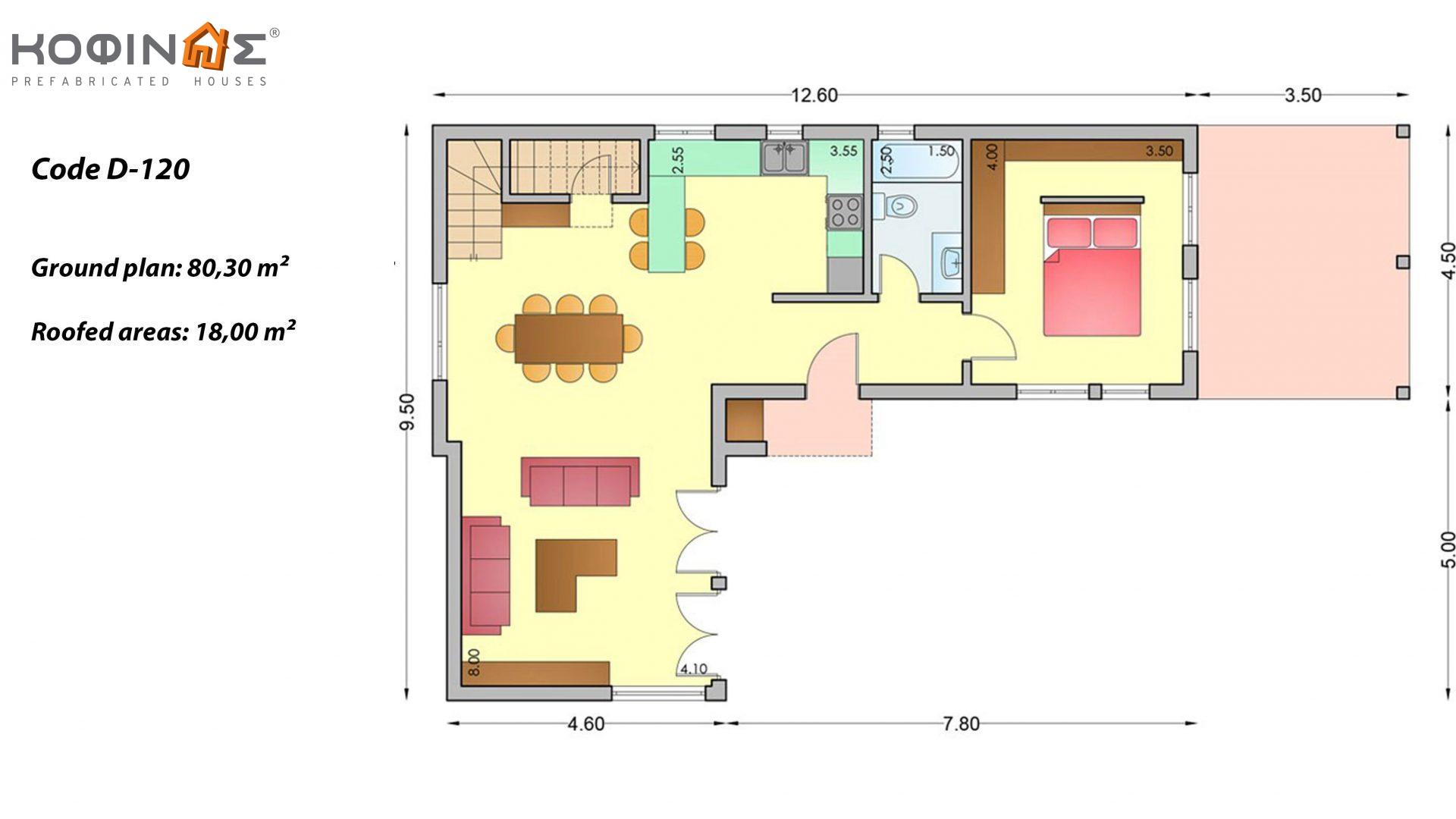2-story house D-120, total surface of 120,20 m²,covered roofed areas 18,00 m²,balconies 42,16 m²