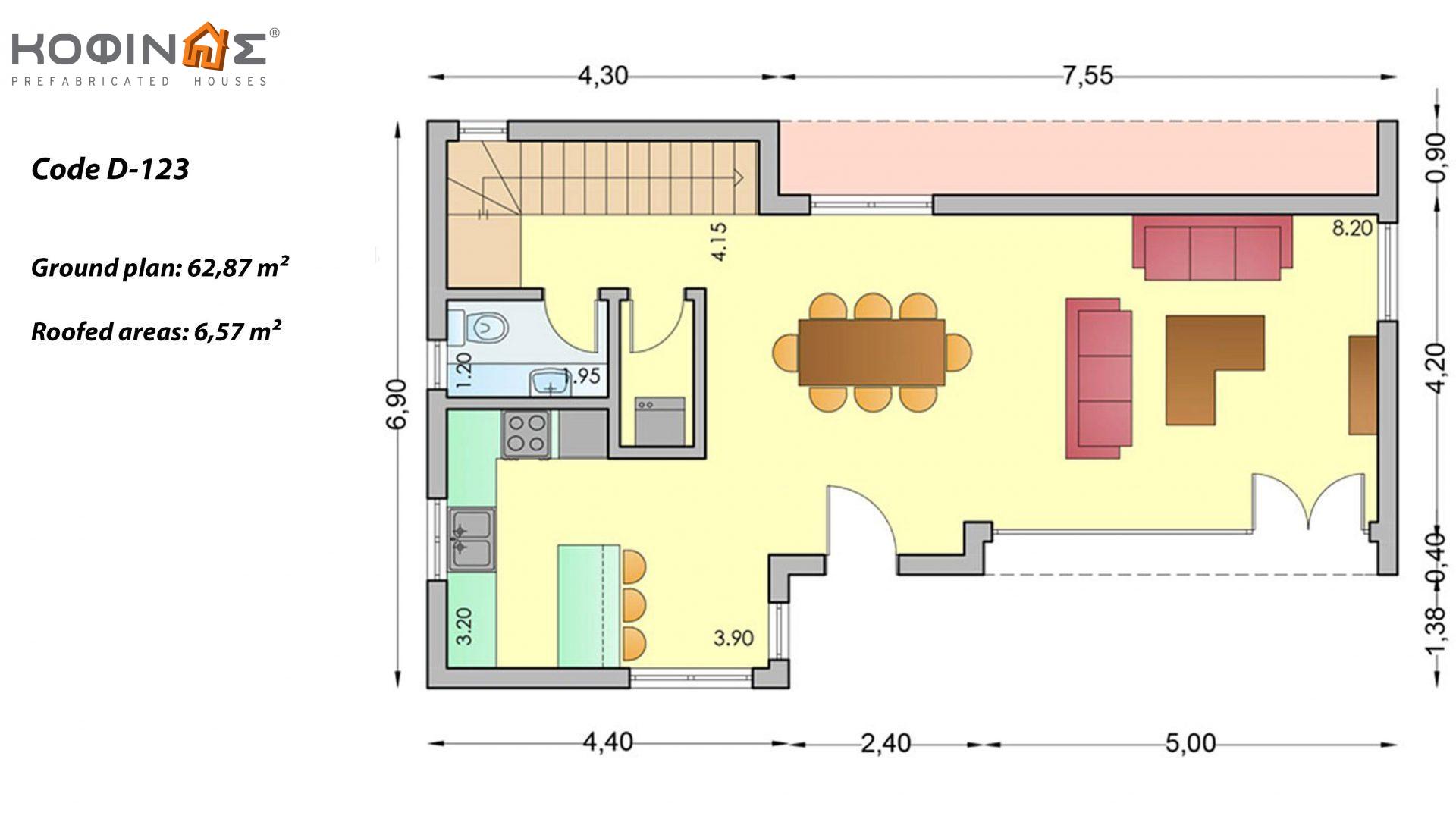 2-story house D-123, total surface of 123,30 m² ,covered roofed areas 11,42 m²,balconies 6,07 m²