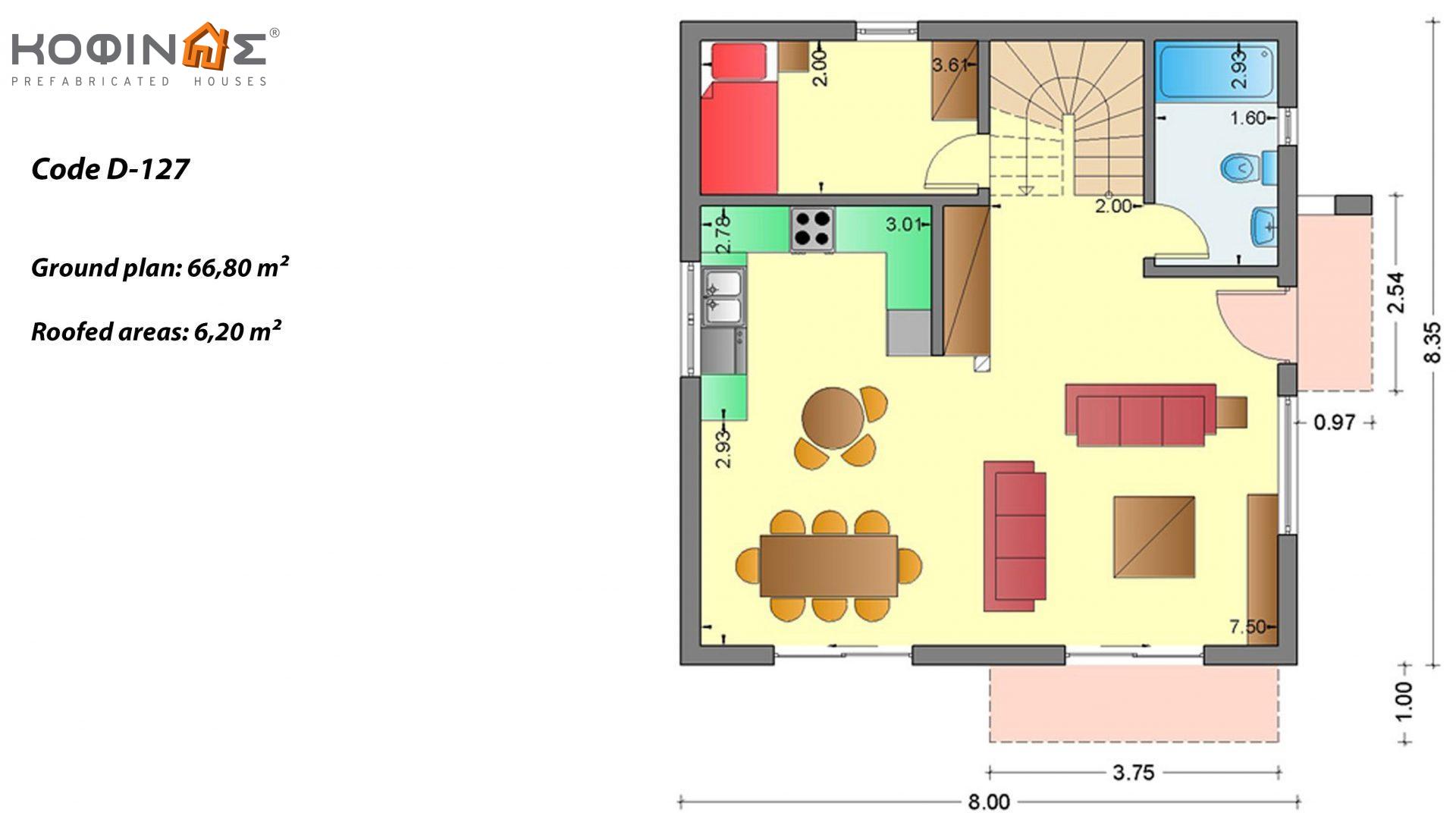 2-story house D-127, total surface of 127,00 m² ,covered roofed areas 12,86 m²,balconies 6,75 m²