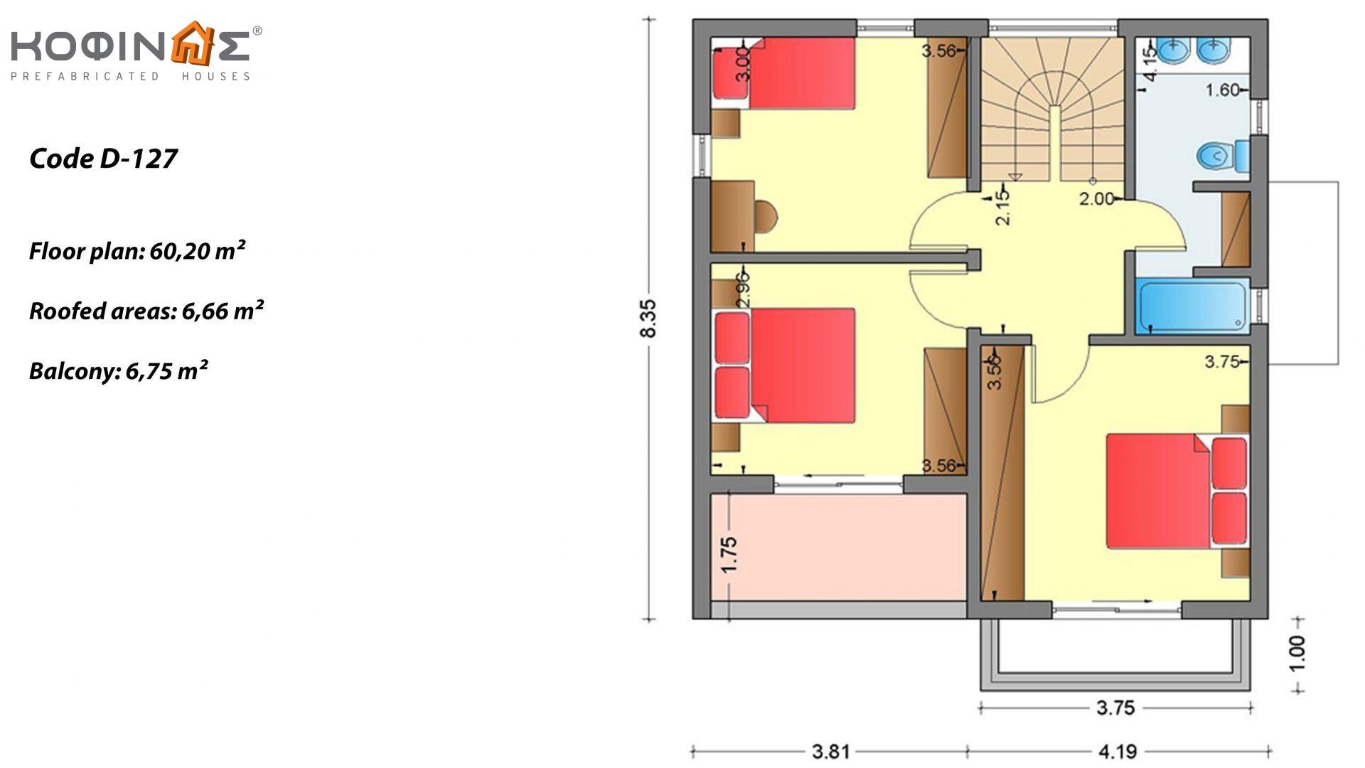 2-story house D-127, total surface of 127,00 m² ,covered roofed areas 12,86 m²,balconies 6,75 m²