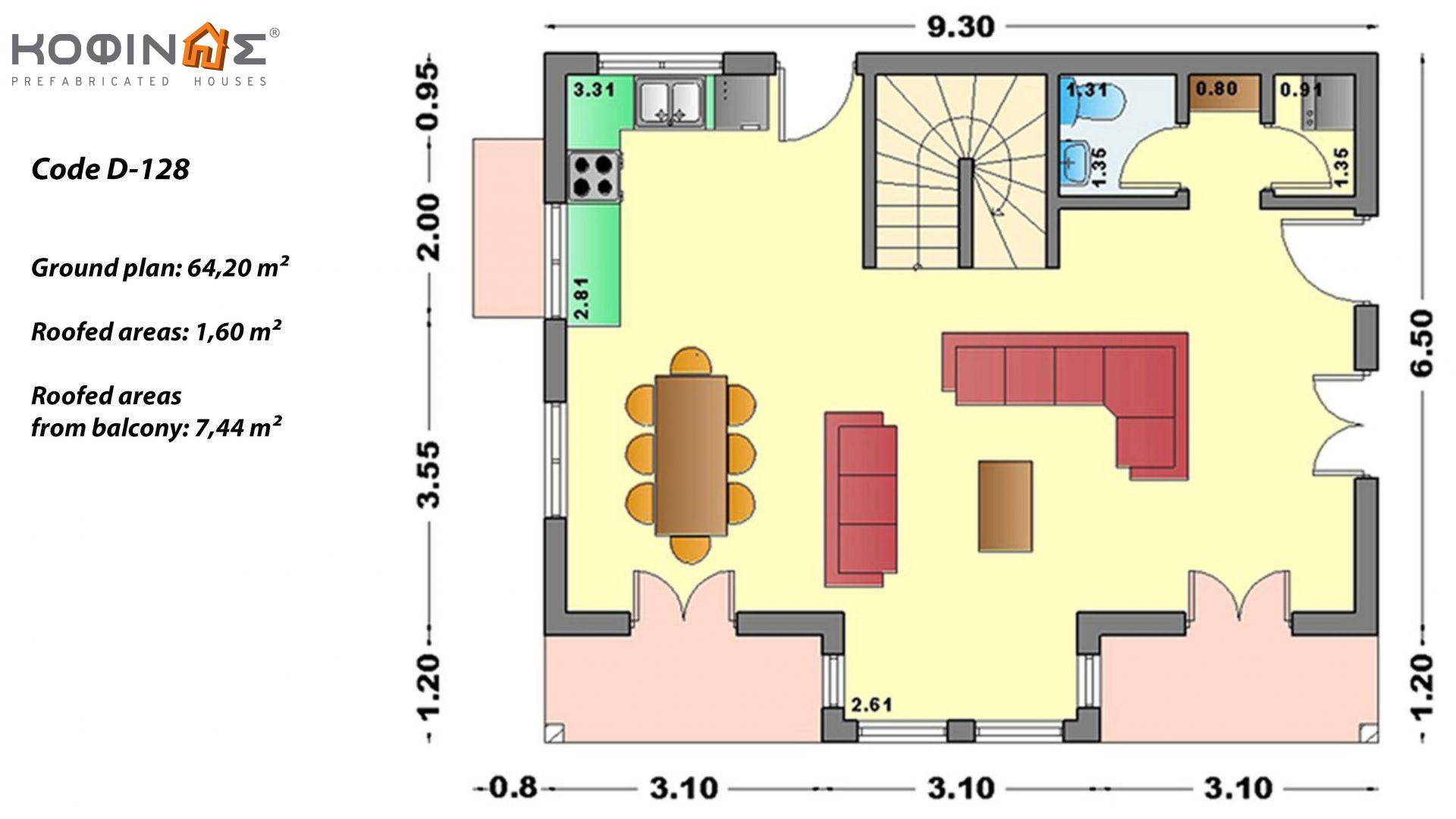 2-story house D-128, total surface of 128,40 m²,covered roofed areas 16.48 m²,balconies 7.44 m²