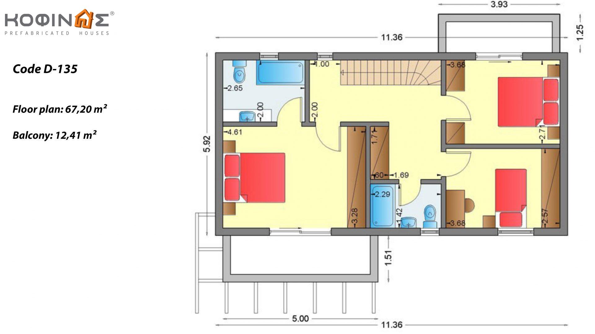2-story house D-135, total surface of 135,20 m²,covered roofed areas 17.60 m²,balconies 12.41 m²