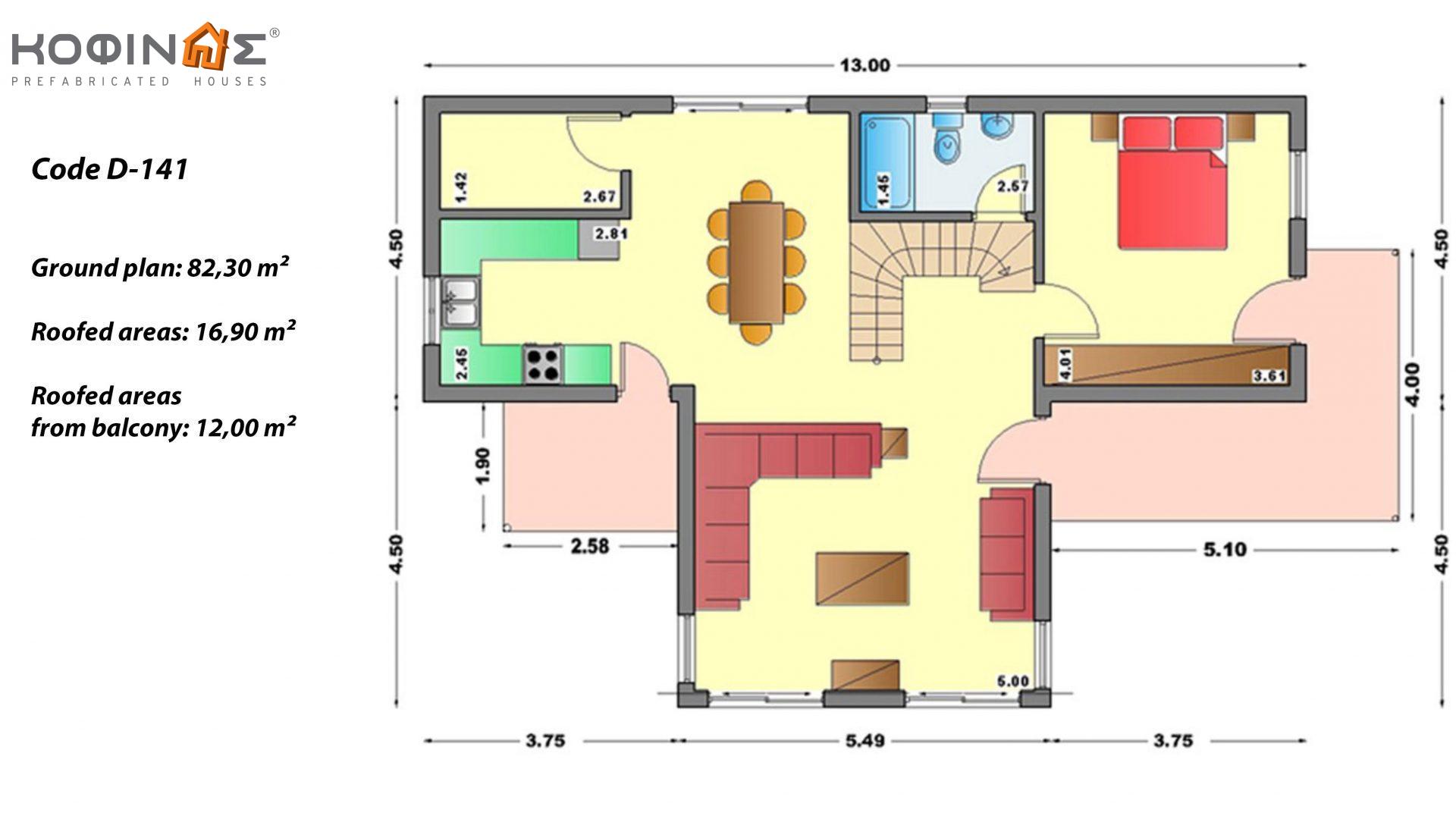 2-story house D-141, total surface of 141,70 m²,covered roofed areas 28.90 m²,balconies 12.00 m²