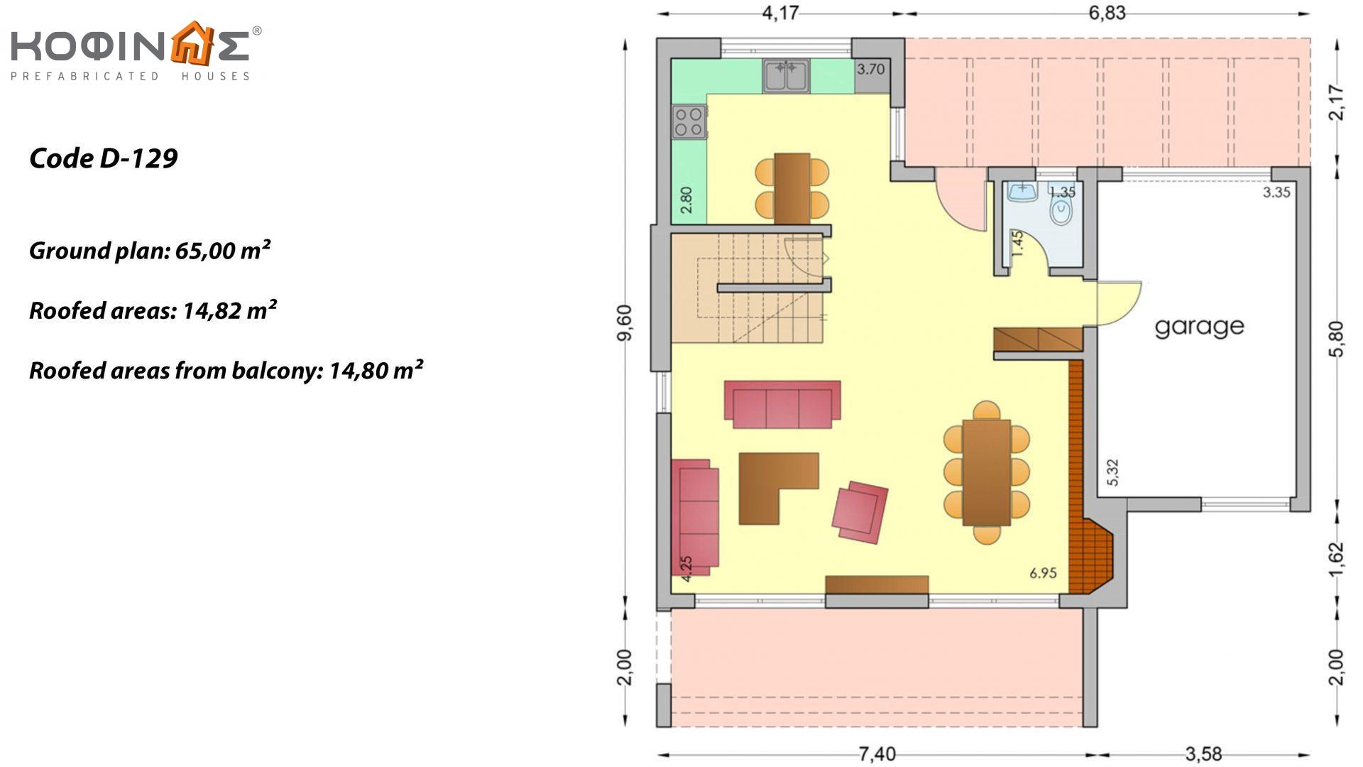 2-story house D-129, total surface of 129,50 m², +Garage 20.77 m²(=150.27 m²),covered roofed areas 40.70 m²,balconies 11.10 m²