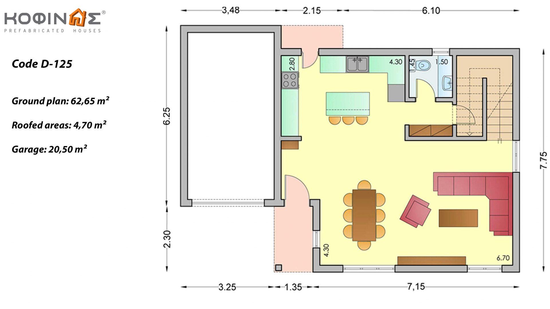 2-story house D-125, total surface of 125.30 m², +Garage 20.50 m²(=145.80 m²),covered roofed areas 4.70 m²,balconies 20.50 m²