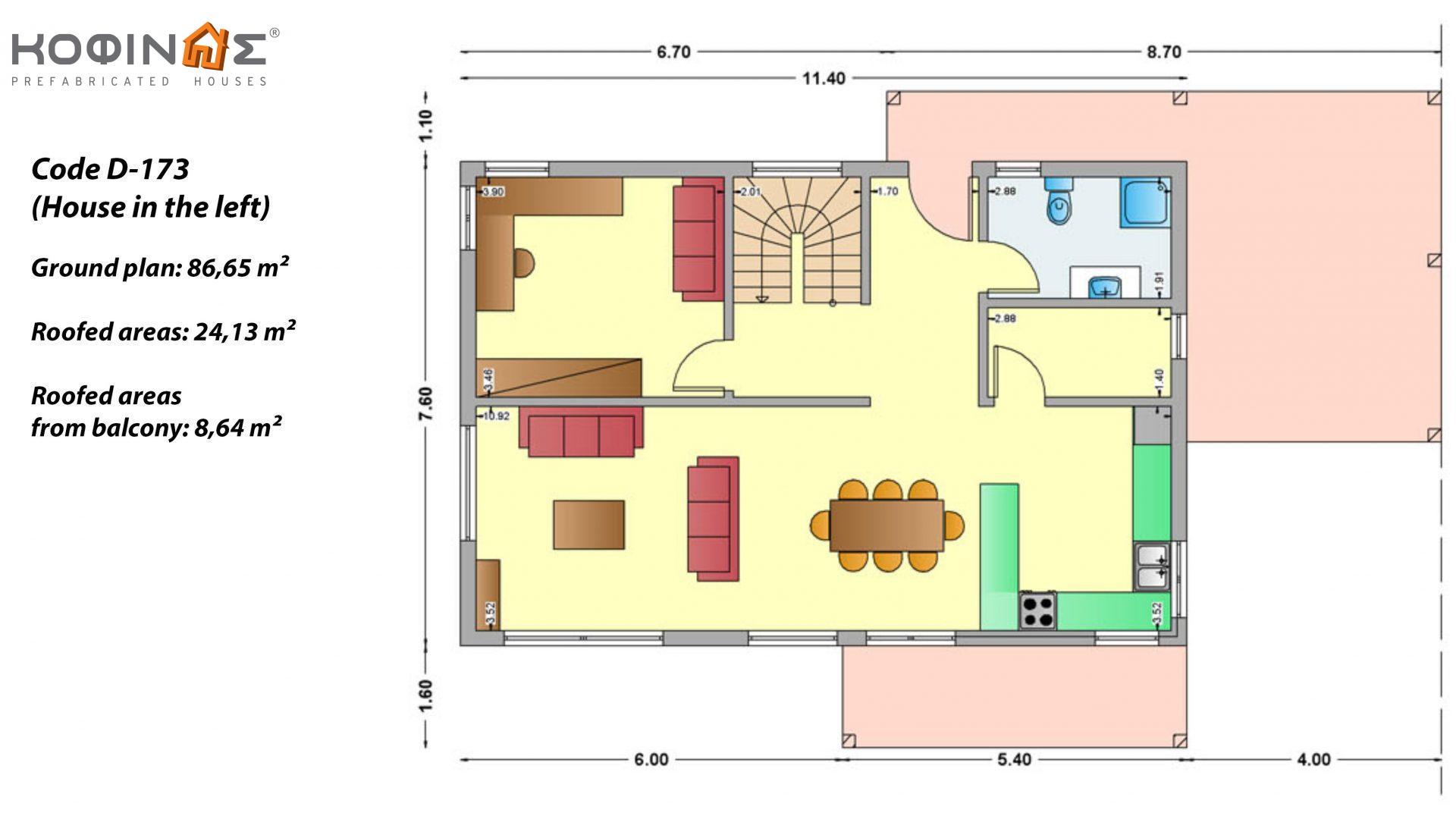 2-story house D-173, total surface of 173,30 m²,covered roofed areas 32.77 m²,balconies 8.64 m²