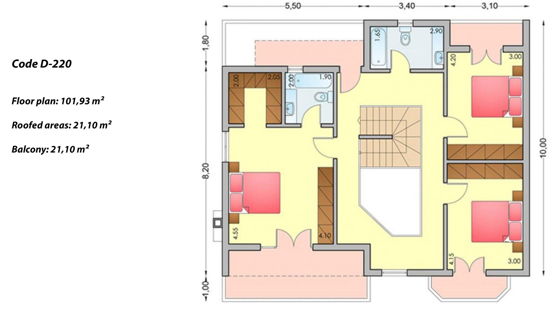 2-story house D-220, total surface of 220,70 m² ,covered roofed areas 48.40 m²,balconies 21.10 m²