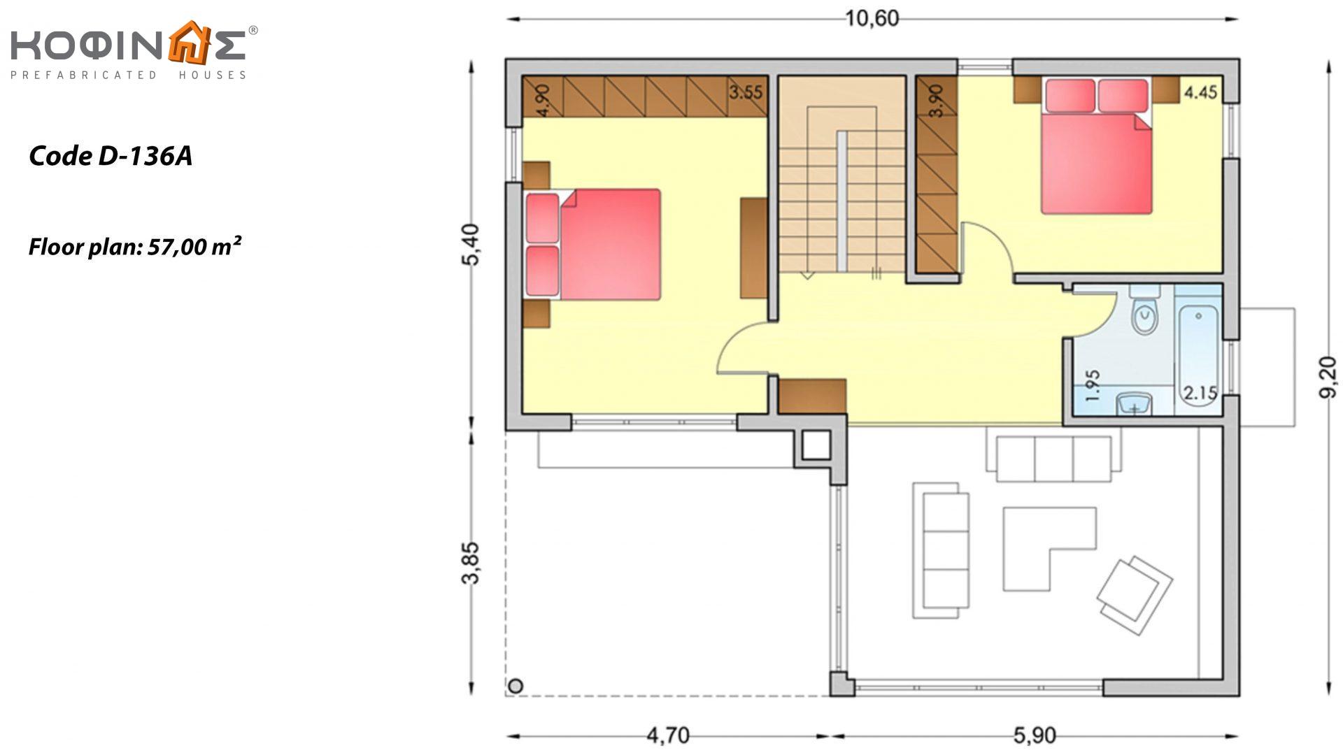 2-story house D-136a, total surface of 136,72 m²,covered roofed areas 19.40 m²