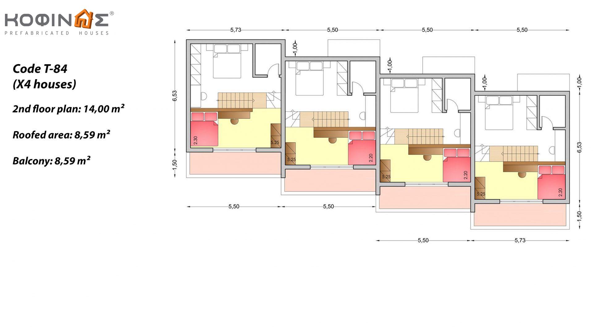 3-story house T-84, total surface of 84,17 m² ,covered areas 43.36 m²,balcony 34.36 m²