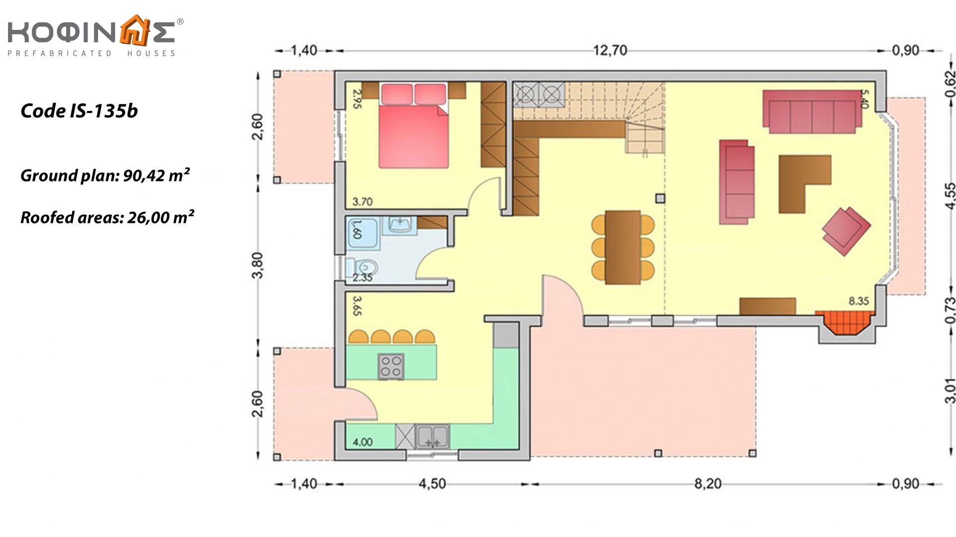 1-story house with attic IS-135b, total surface of 135,25 m² , covered roofed areas 26,00 m²