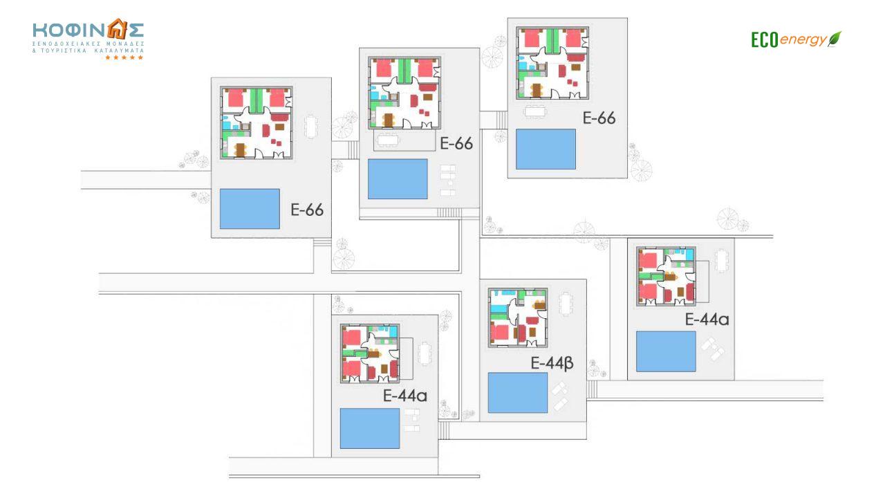 Συγκρότημα Κατοικιών E-44 / E-66, συνολικής επιφάνειας (3 x 44,22) + (3 x 66,42) = 331,92 τ.μ.3