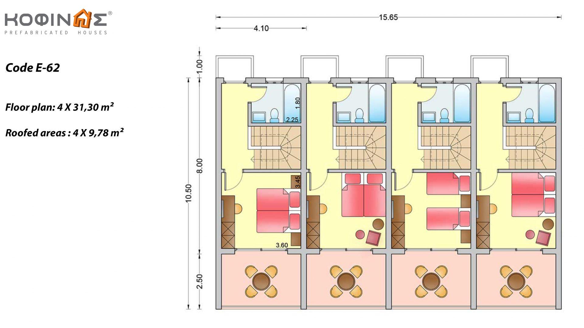 Complex of 2-story houses E-62, total surface of 250,40 m² (4 x 62,60 m²), covered areas 85,04 m²