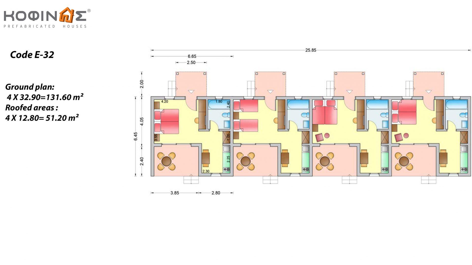 1 Storey Complex E-32, total surface of 4 x 32,90 = 131,60 m², covered areas 51.20 m²