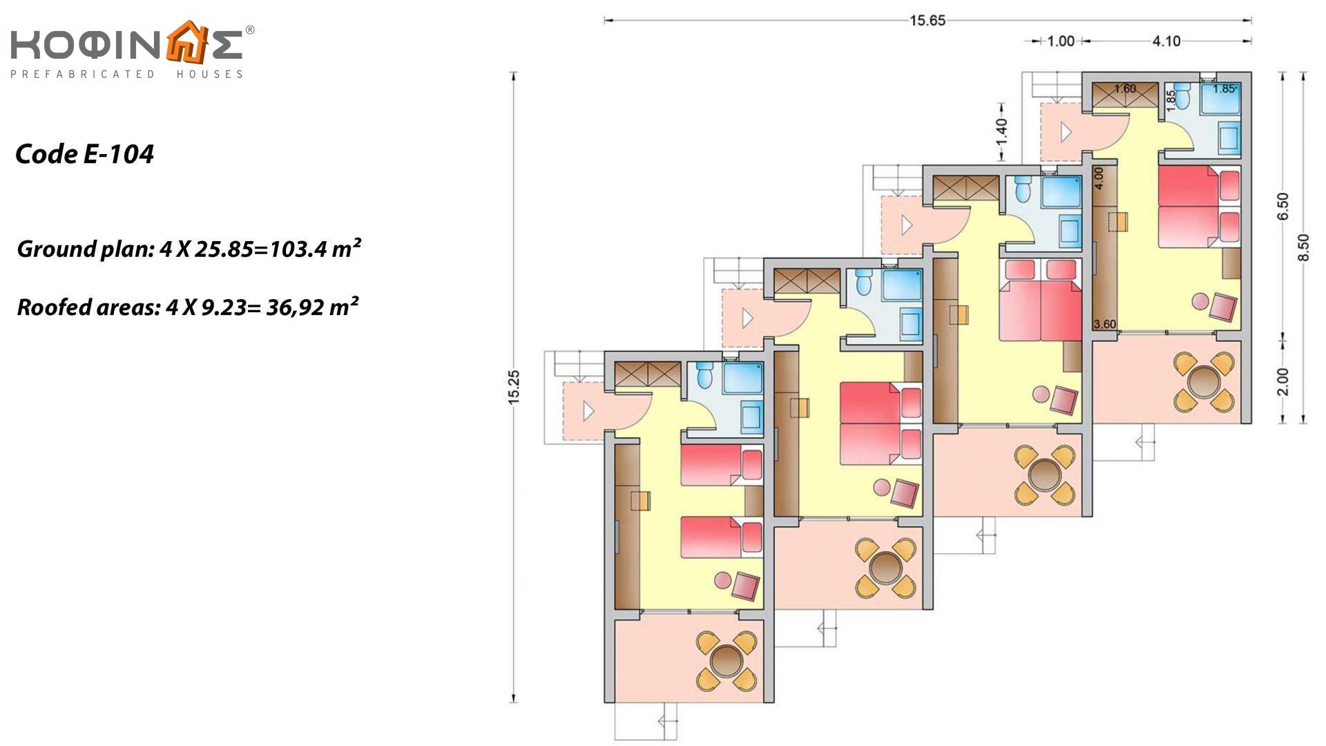 Complex of 1-story houses E-104, total surface of 4 x 25,85 = 103,40 m², roofed areas 36.92 m²