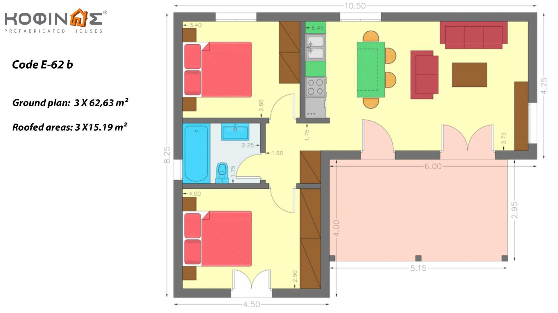 1 Storey Complex E-62b, total surface of 3 x 62,63 = 187,89 m², covered areas 45.57 m²