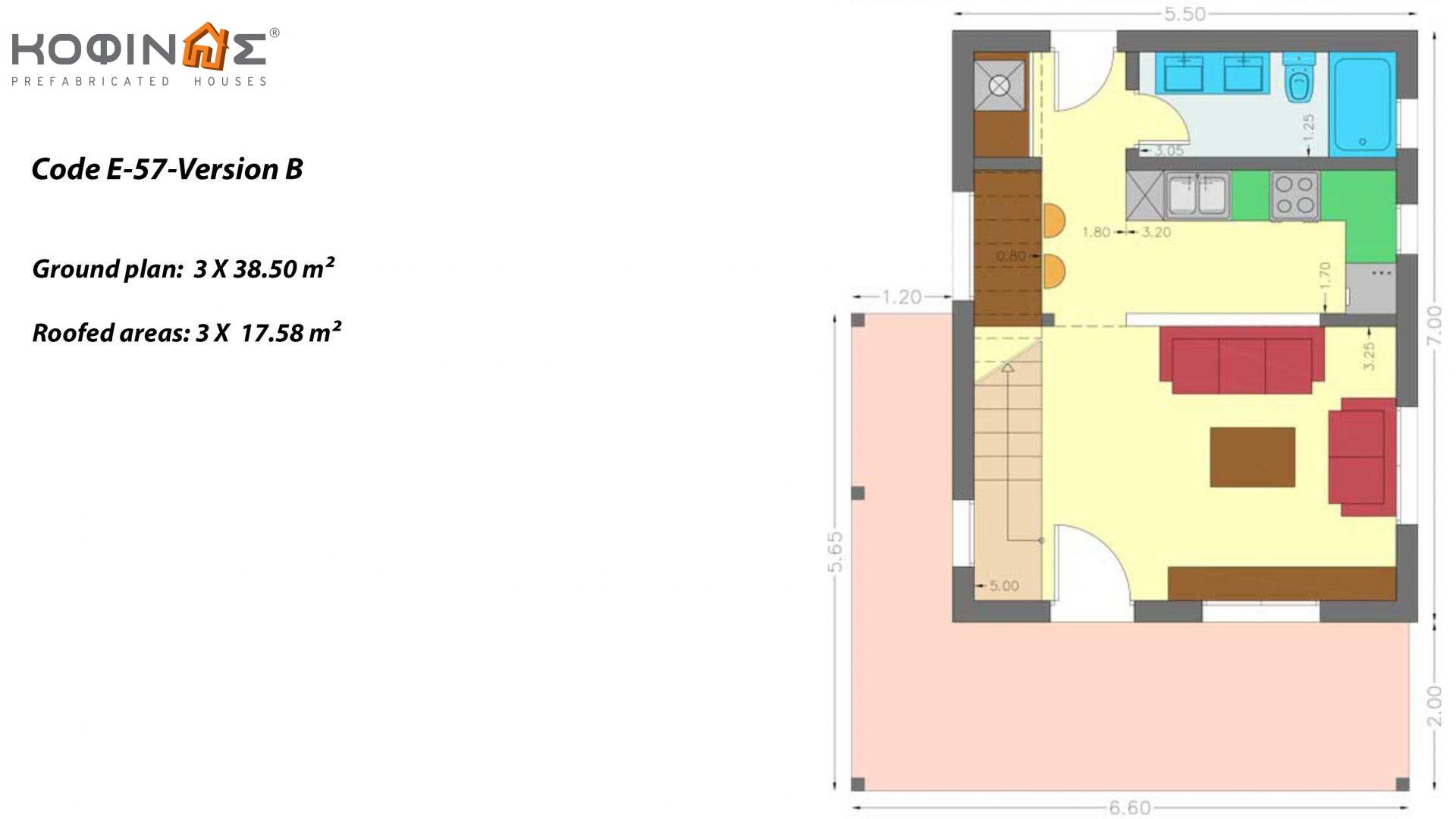 Complex of 1-story houses with attics E-57, total surface of 3 x 57,75 = 173,25 m², roofed areas 52.74 m²