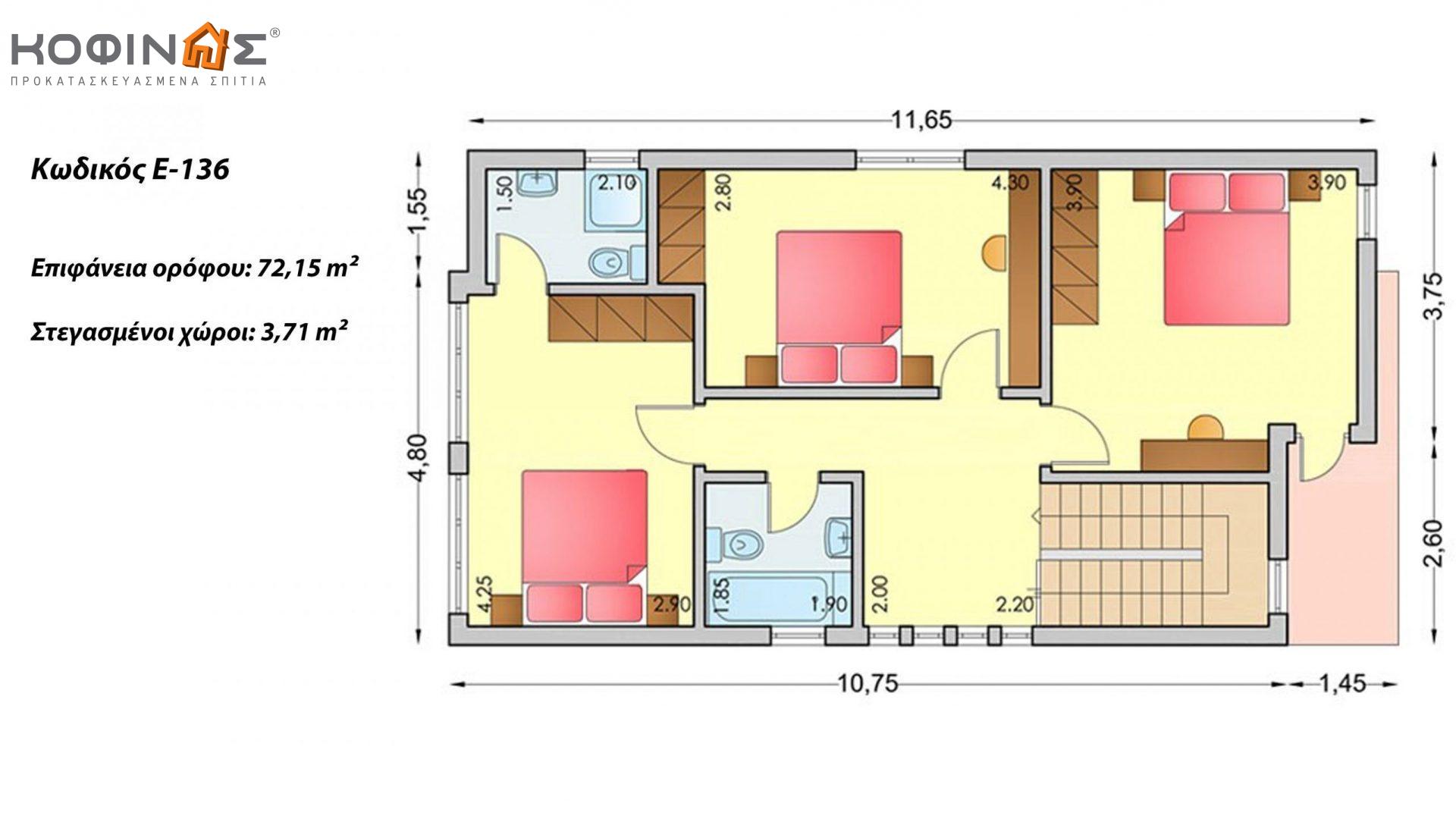 Συγκρότημα κατοικιών E-136, συνολικής επιφάνειας 3 x 136,39 = 409,17 τ.μ., συνολική επιφάνεια στεγασμένων χώρων 14,8 τ.μ.
