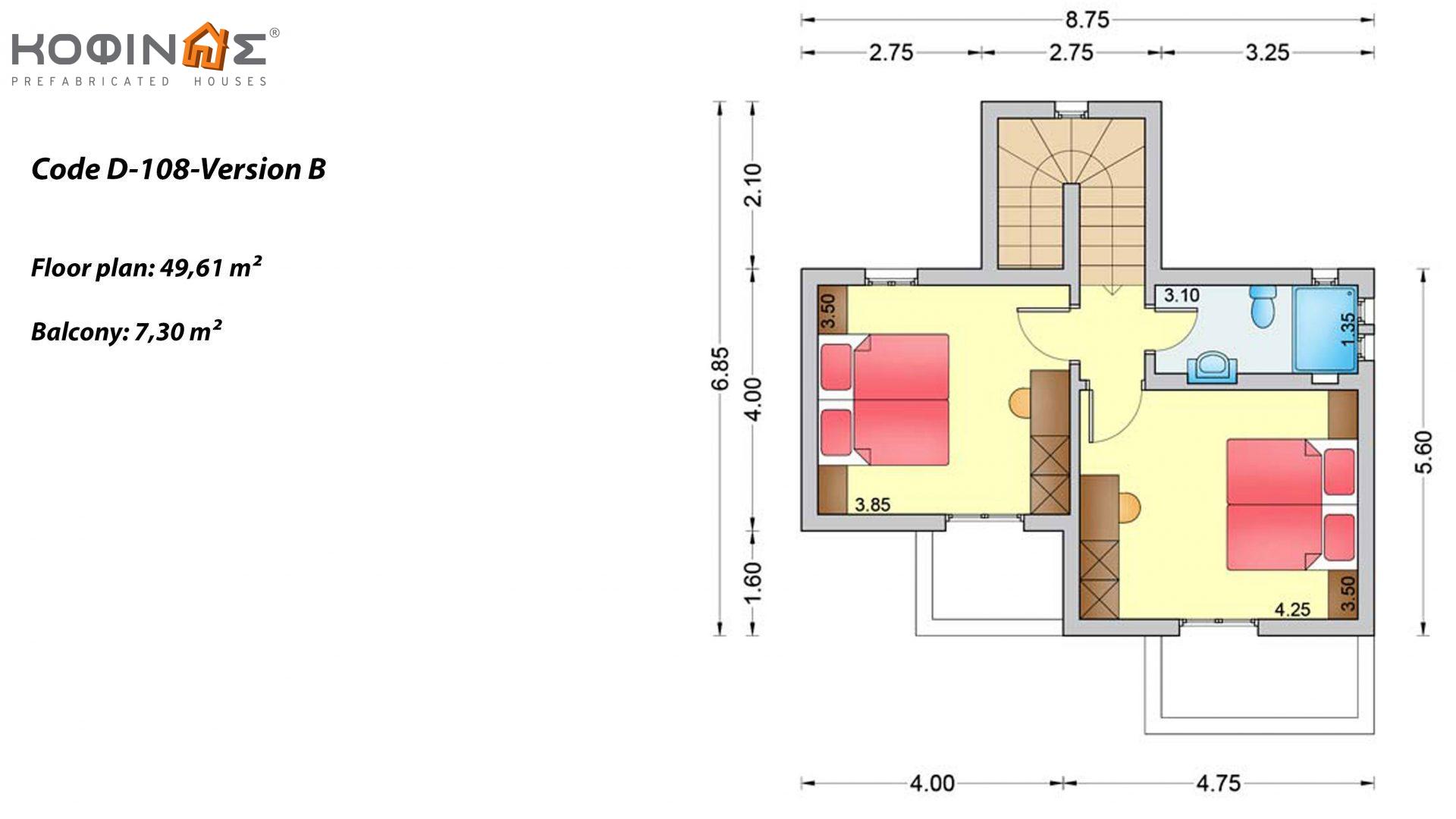 2-story house D-108, total surface of 108,07 m²,covered roofed areas 19.55 m²,balconies 7.30 m²