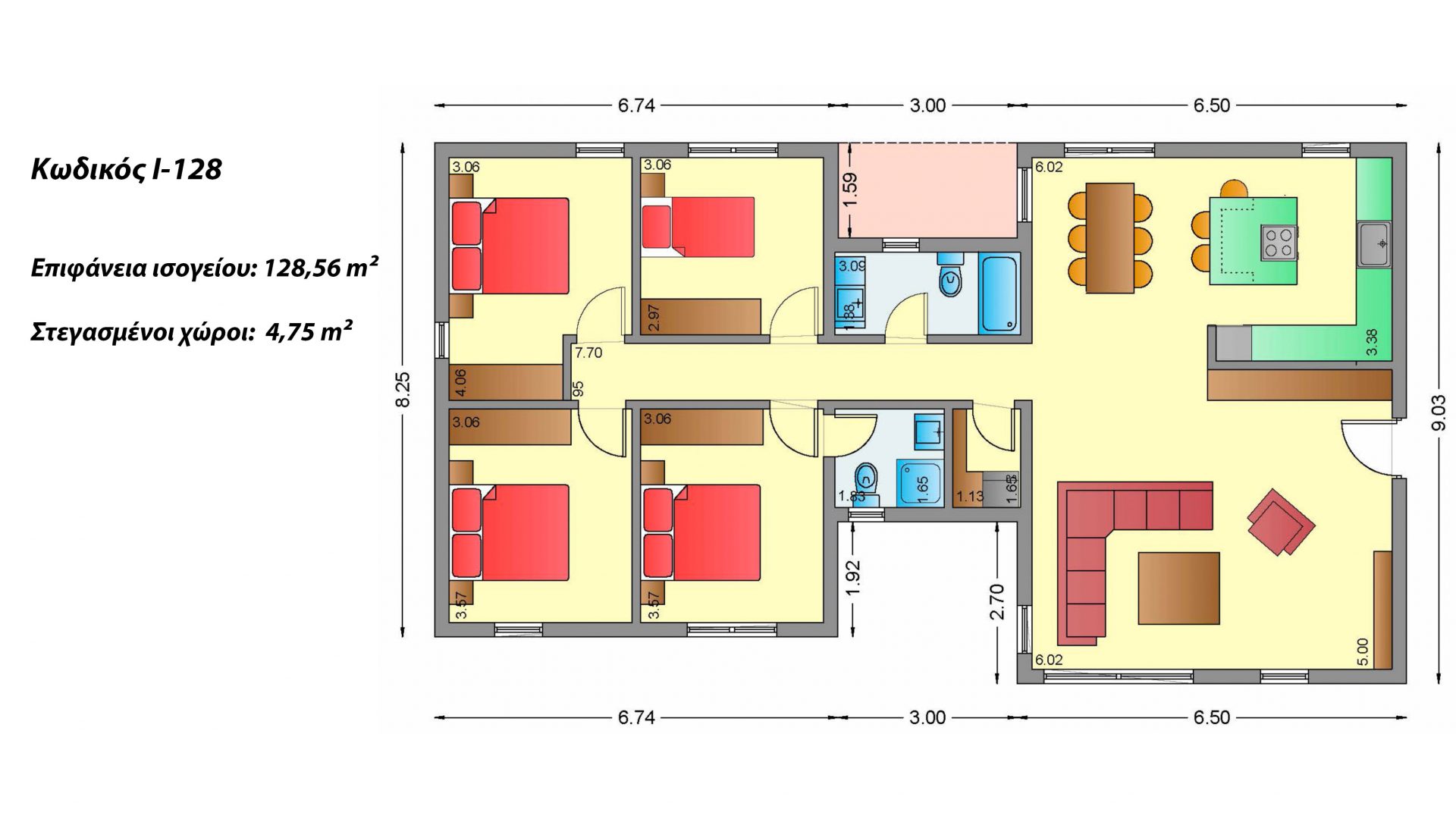 Ισόγεια Κατοικία I-128, συνολικής επιφάνειας 128,56 τ.μ., στεγασμένοι χώροι 4,75 τ.μ.