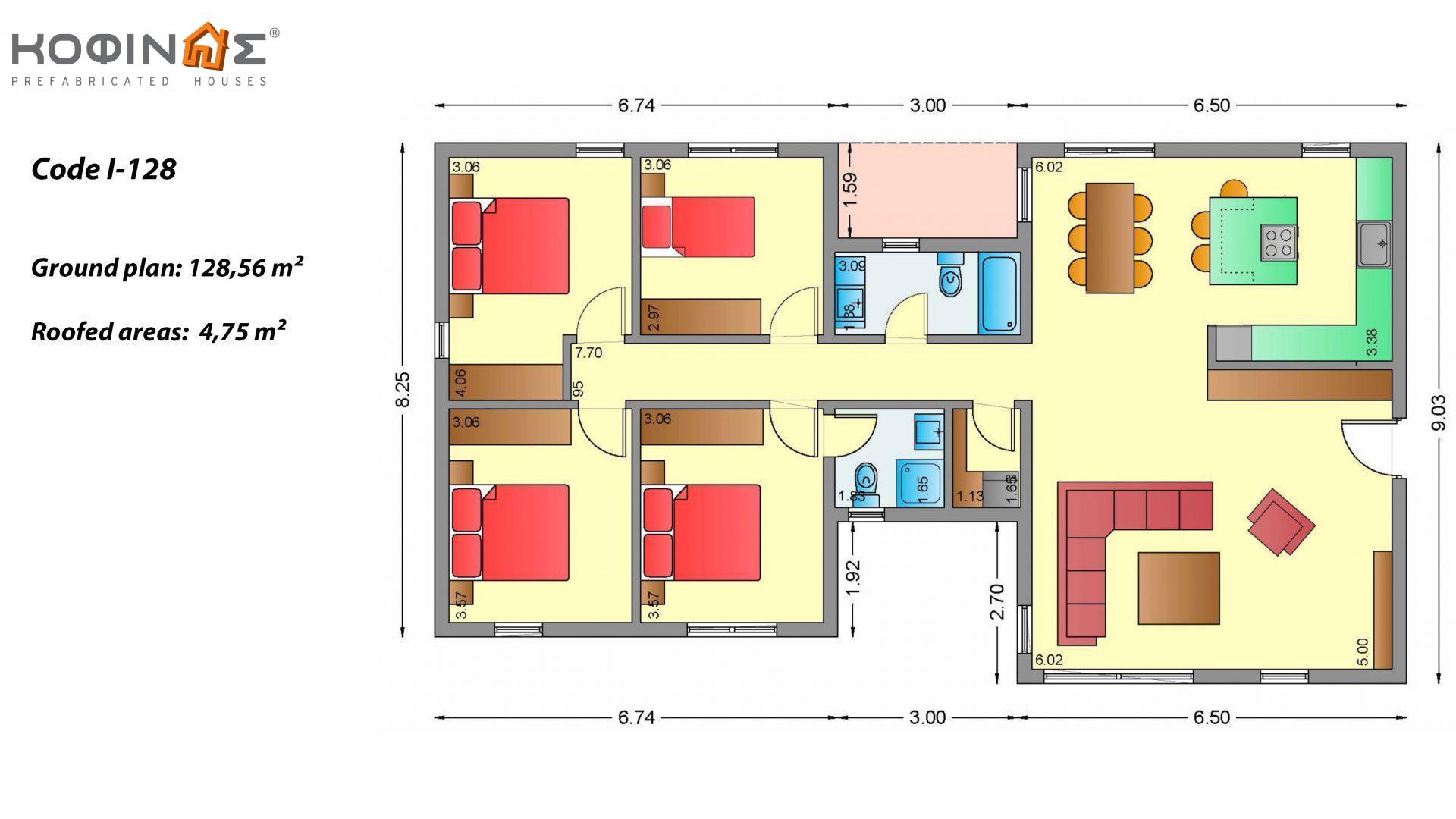 1-story house I-128, total surface of 128,56 m², roofed areas 4,75 m²