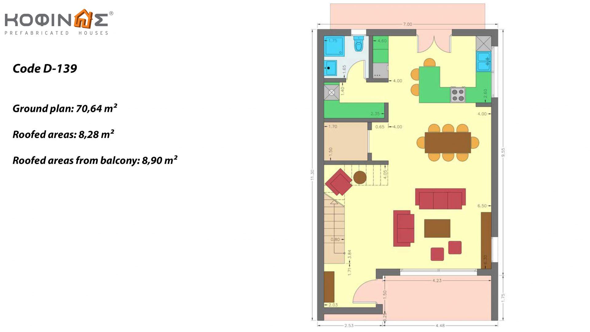 2-story house D-139, total surface of 139,00 m² ,covered roofed areas19.88 m²,balconies 14.27 m²