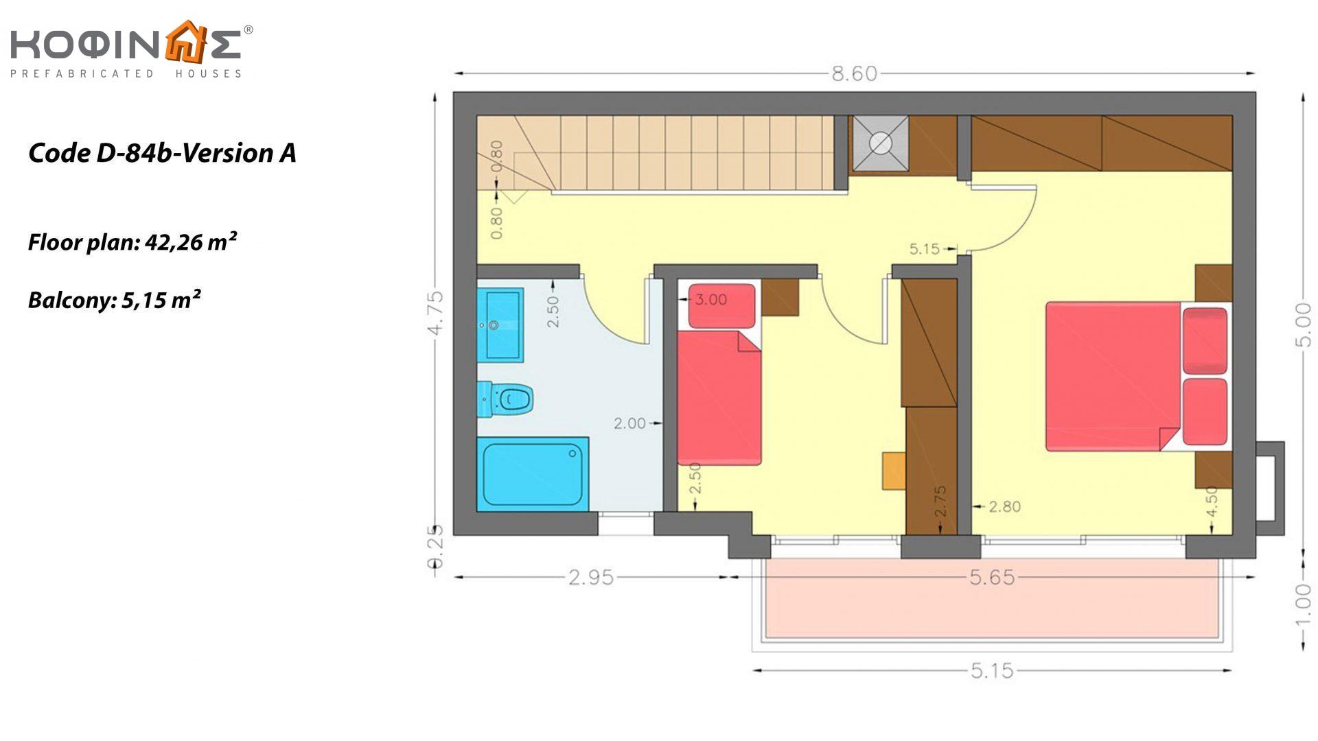 2-story house D-84b, total surface of 84,52 m²,roofed areas 5.15 m²,balconies 5.15 m²