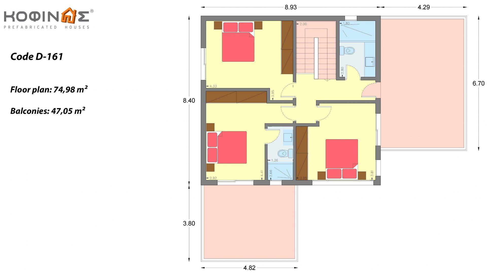 2-story house D-161, with a total area of 161.27 sq.m., +Garage 28.74 m²(=190.01 m²),roofed areas 6.04 m²,balconies 47.05 m²