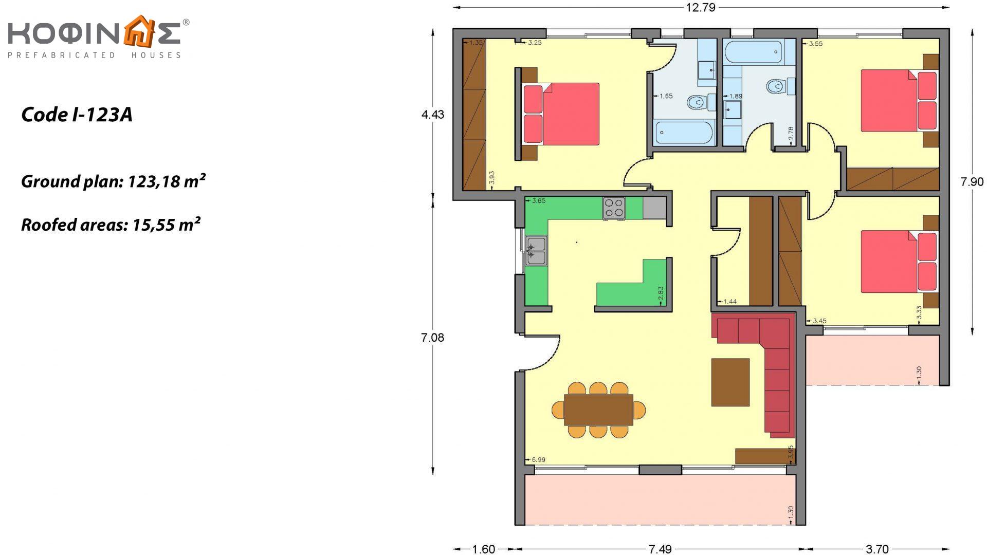 1-story house I-123A, total surface of 123,18 m², covered roofed areas 15,55 m²