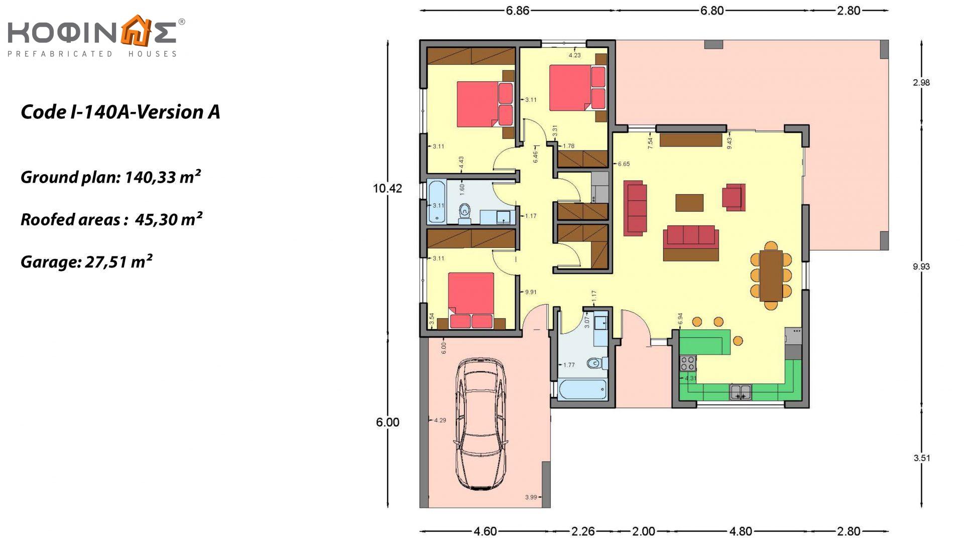 1-story house Ι-140Α, total surface of 140,33 m², +Garage surface 27.51 m²(=167,84 m²), covered roofed areas 45,30 m² and 44,71 m² for version Β