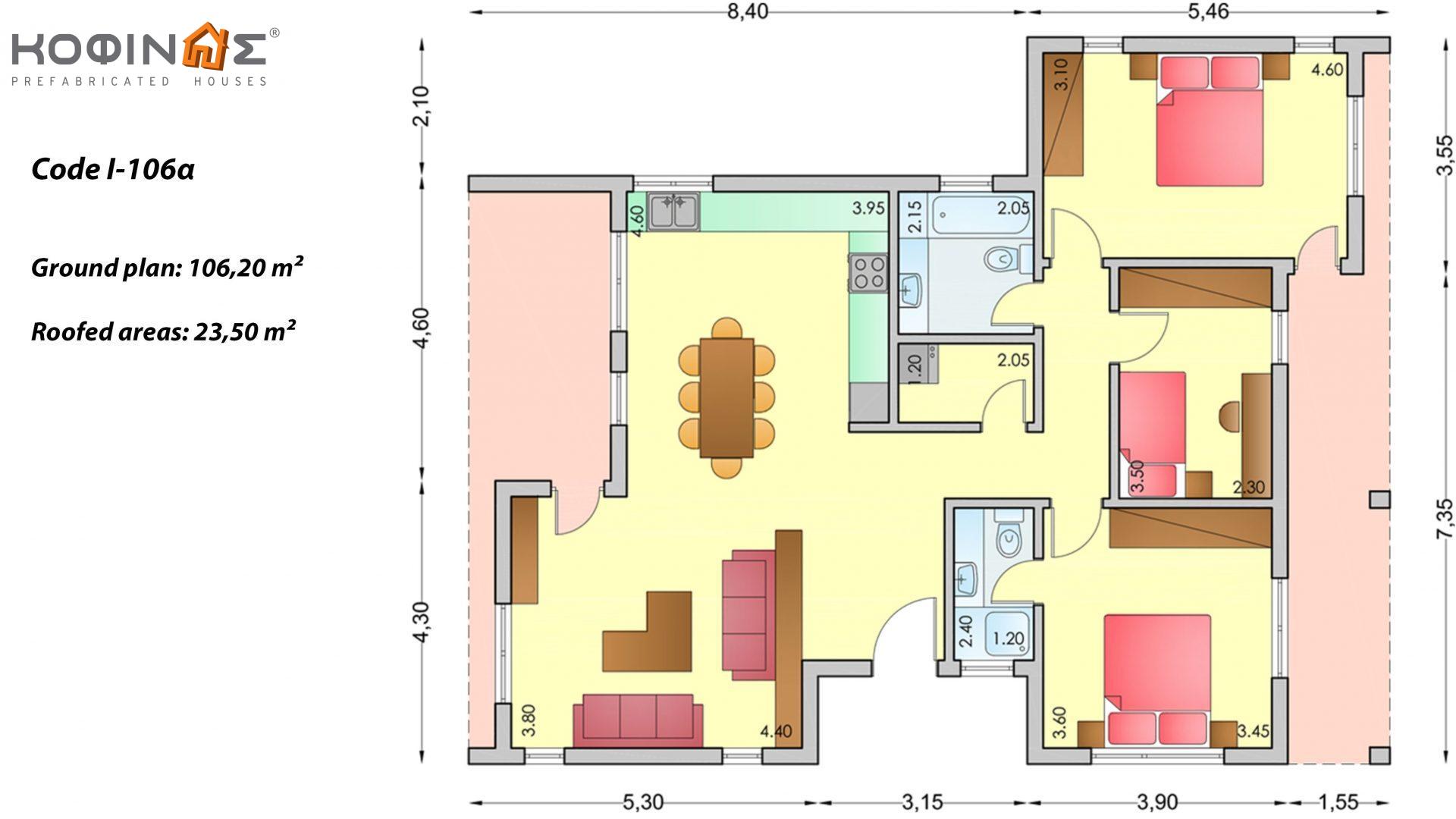 1-story house I-106a, total surface of 106,20 m², covered roofed areas 23,50 m²