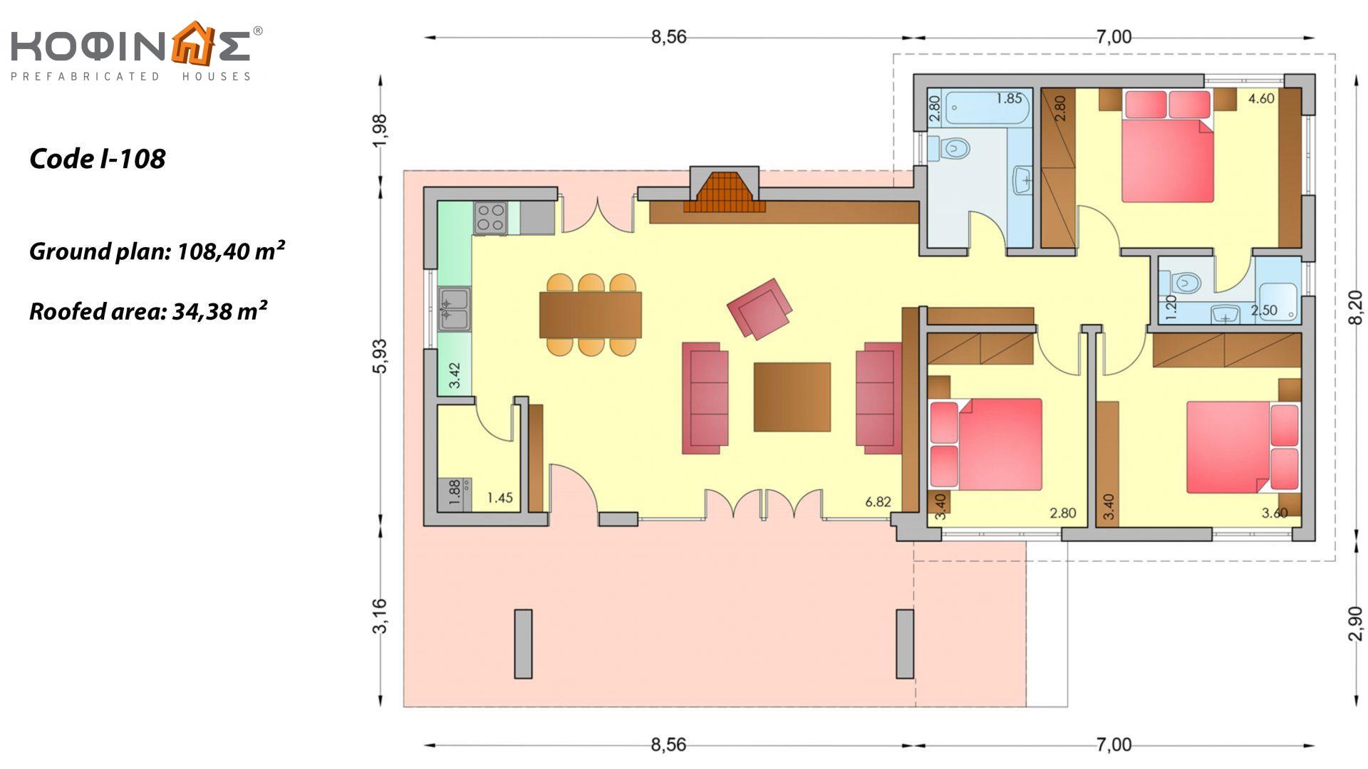 1-story house I-108, total surface of 108,40 m², roofed areas 34,38 m²