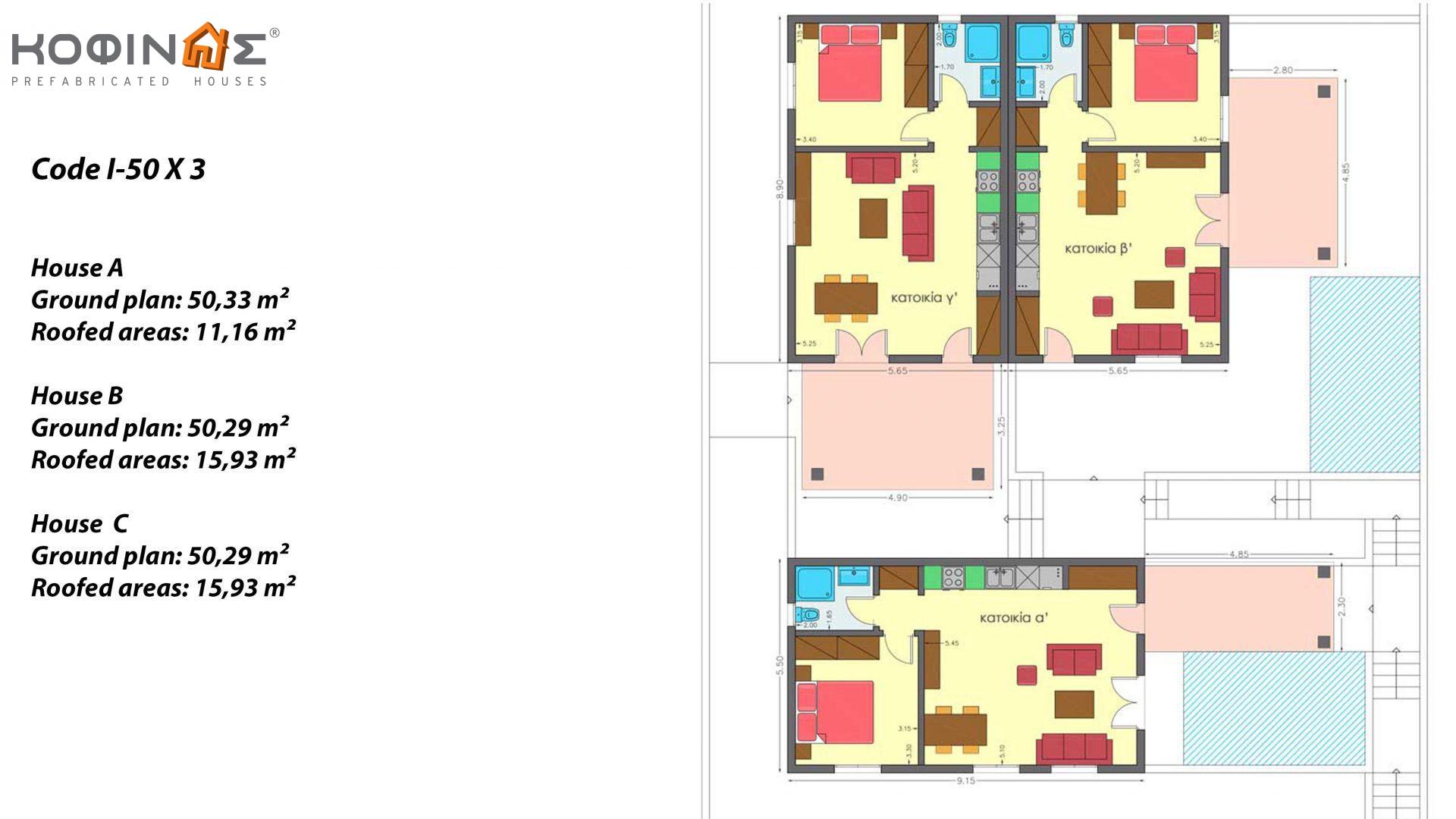 1-story house I-50, total surface of 50.30 m², covered roofed areas 11.16 m² for house A,15.93 m² for house B and 15.93 m² for house C