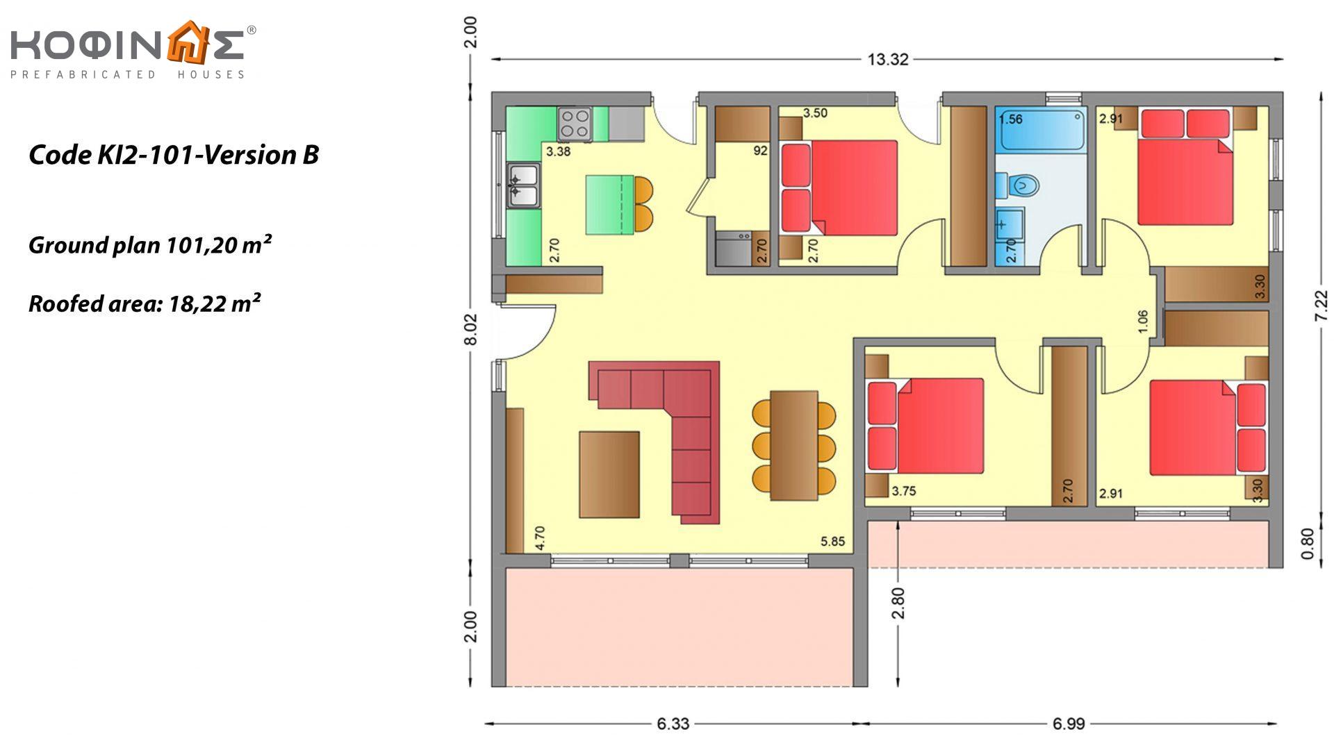 1-story house KI2-101, total surface of 101,20 m², covered roofed areas 18,22 m²